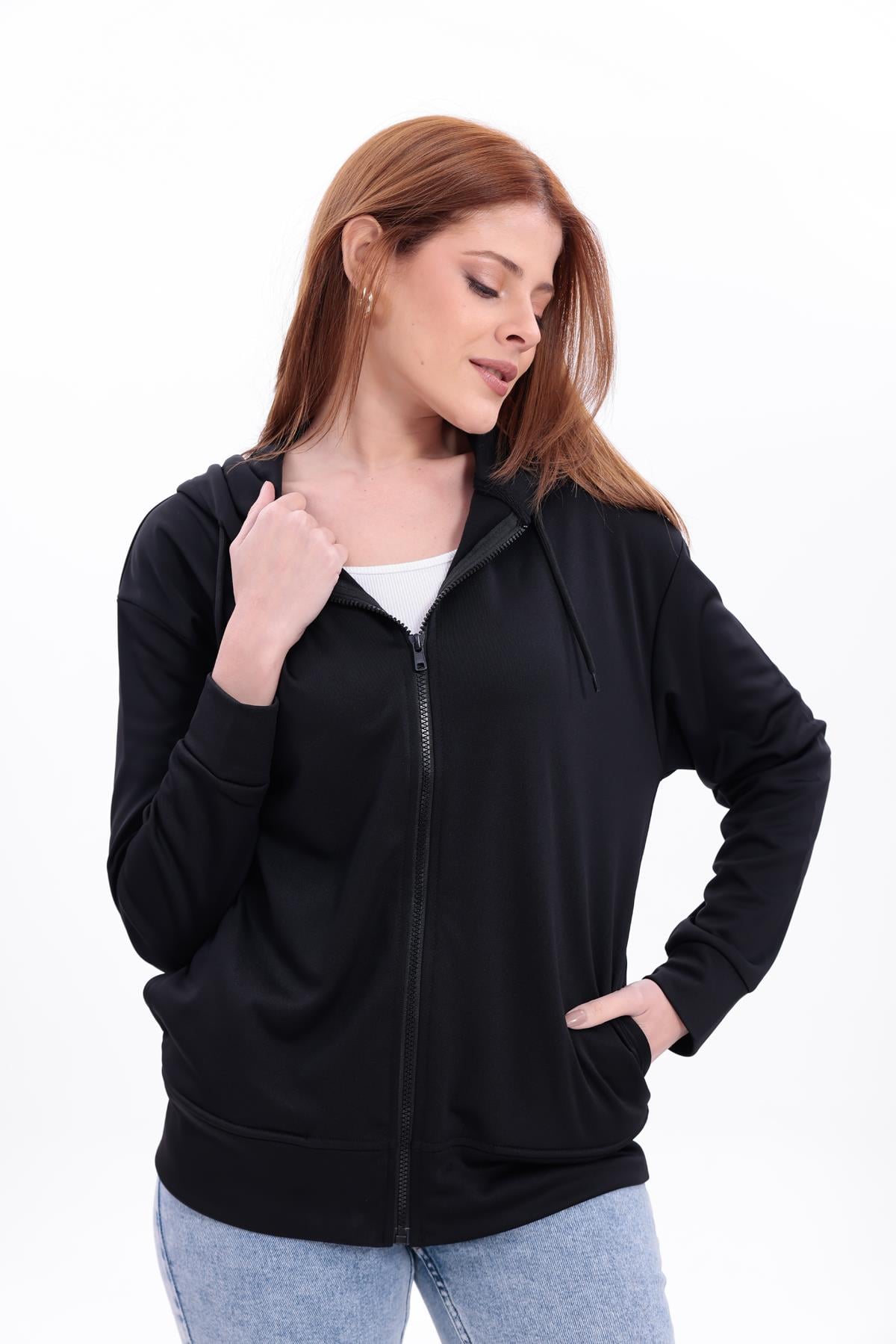 FİHA/5033-AKAT FERMUARLI KAPŞONLU SWEAT - SİYAH