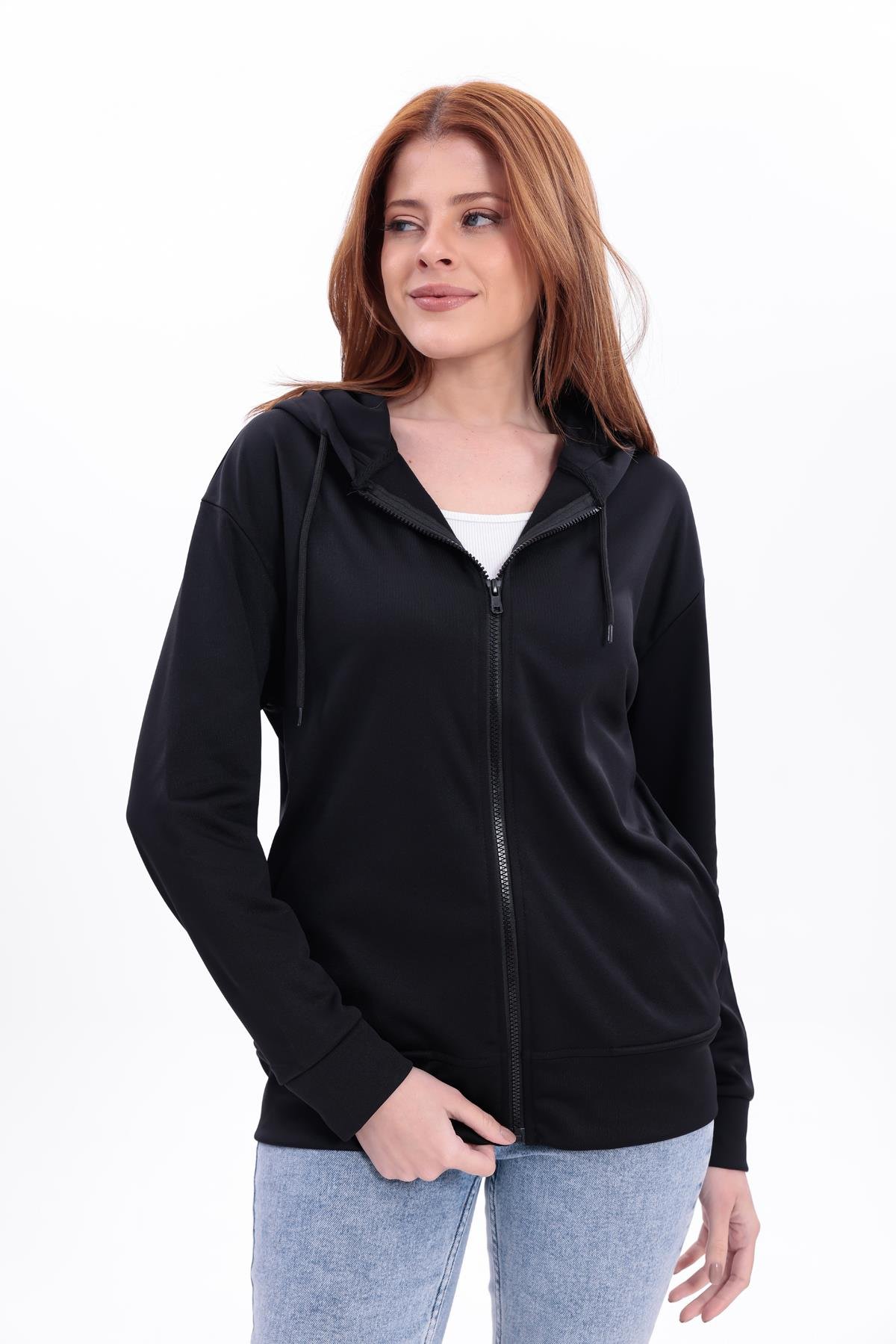 FİHA/5033-AKAT FERMUARLI KAPŞONLU SWEAT - SİYAH