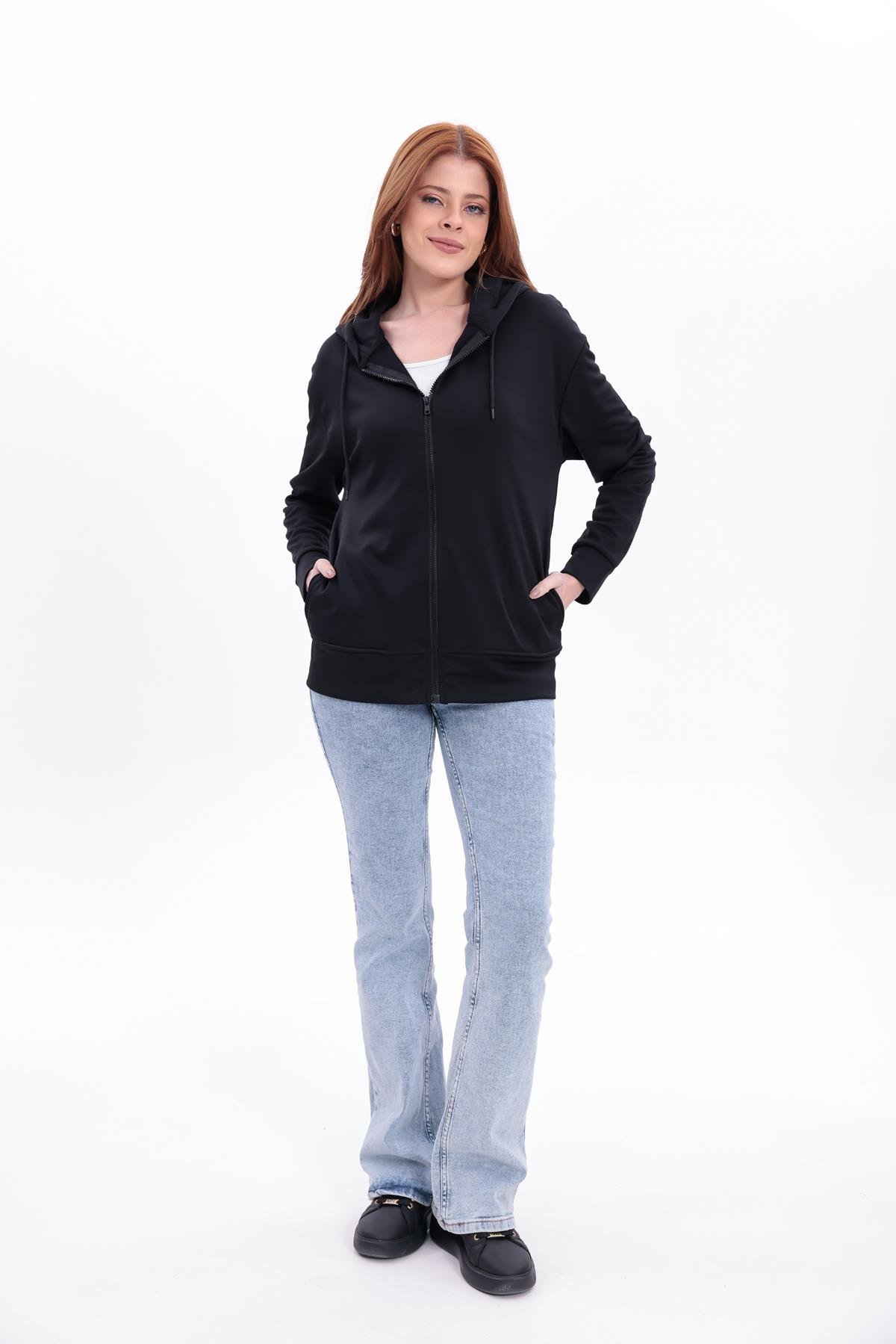 FİHA/5033-AKAT FERMUARLI KAPŞONLU SWEAT - SİYAH