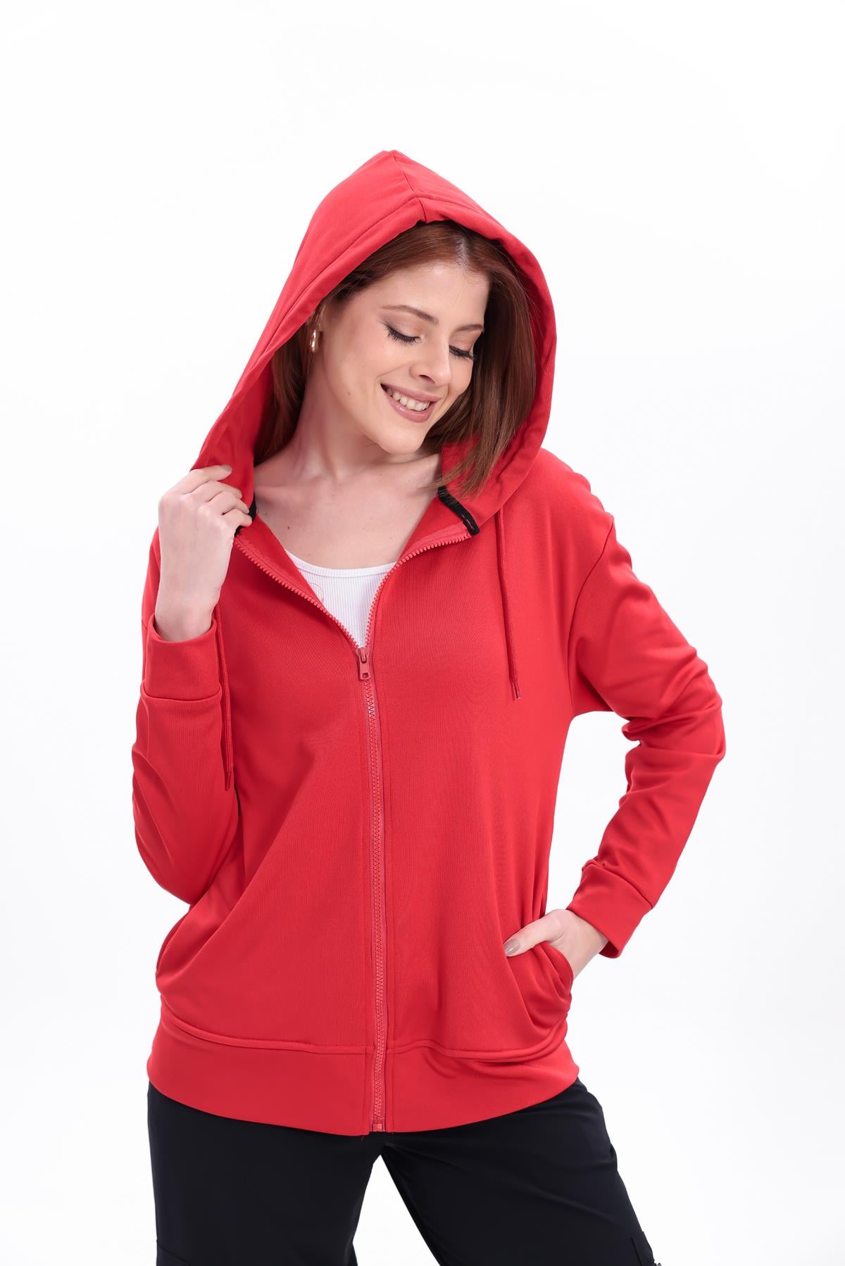 FİHA/5033-AKAT FERMUARLI KAPŞONLU SWEAT - KIRMIZI