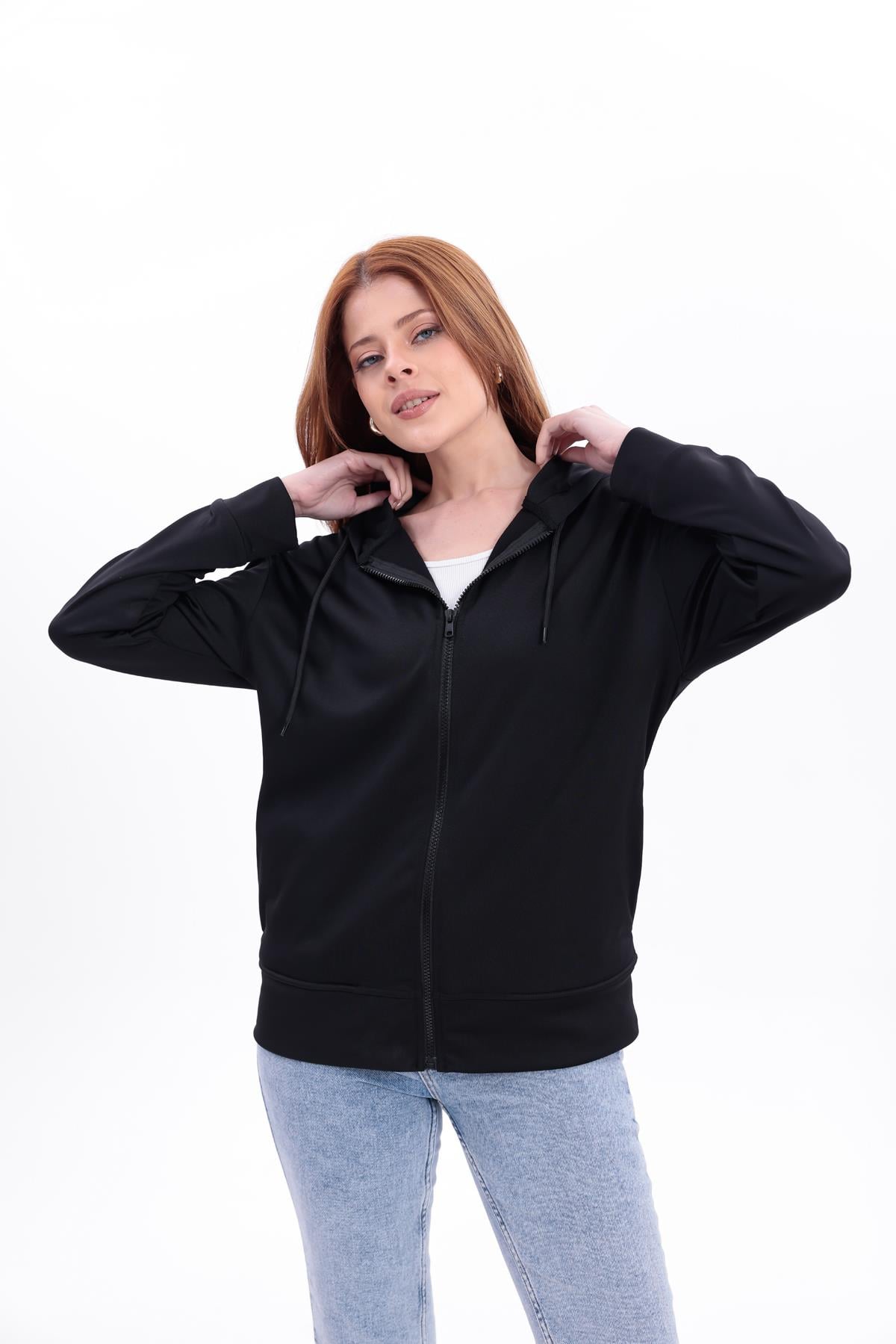 FİHA/5033-AKAT FERMUARLI KAPŞONLU SWEAT - SİYAH