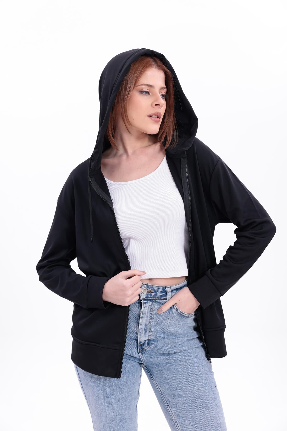 FİHA/5033-AKAT FERMUARLI KAPŞONLU SWEAT - SİYAH