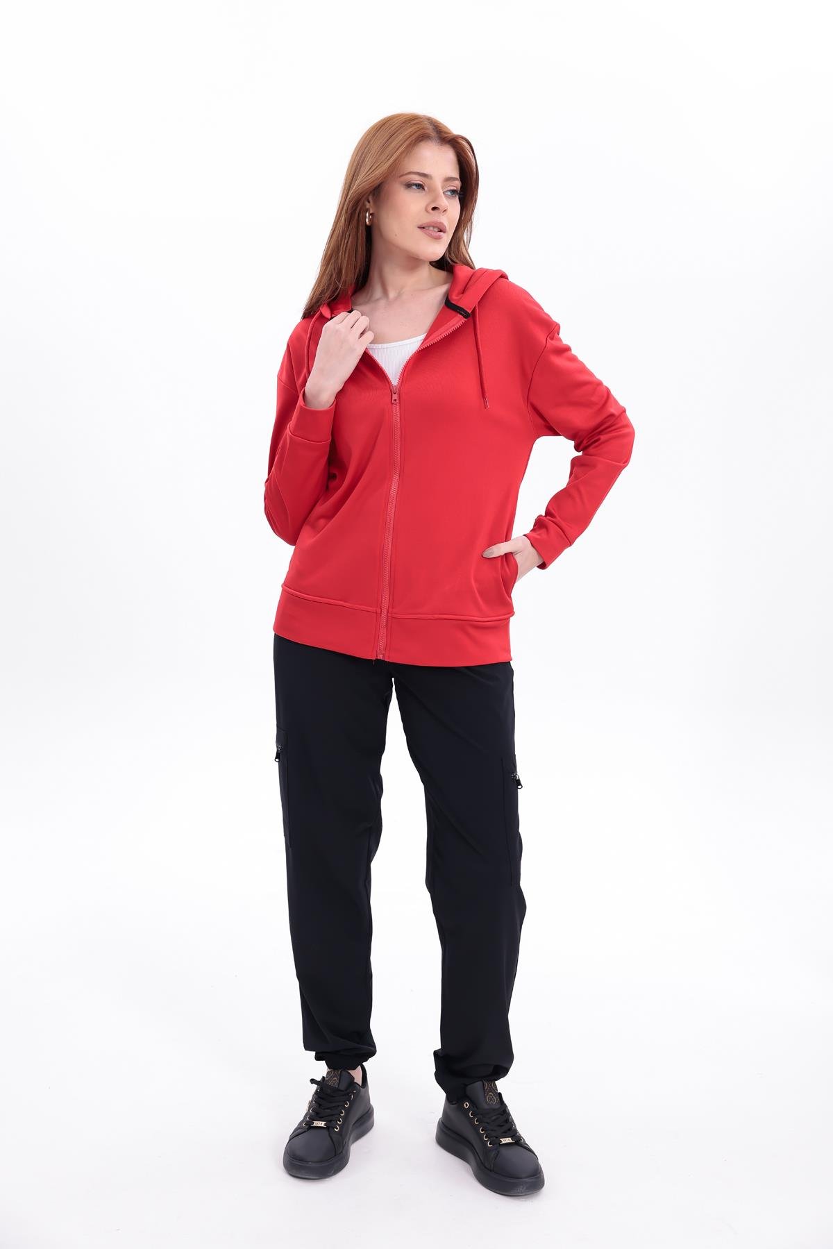 FİHA/5033-AKAT FERMUARLI KAPŞONLU SWEAT - KIRMIZI