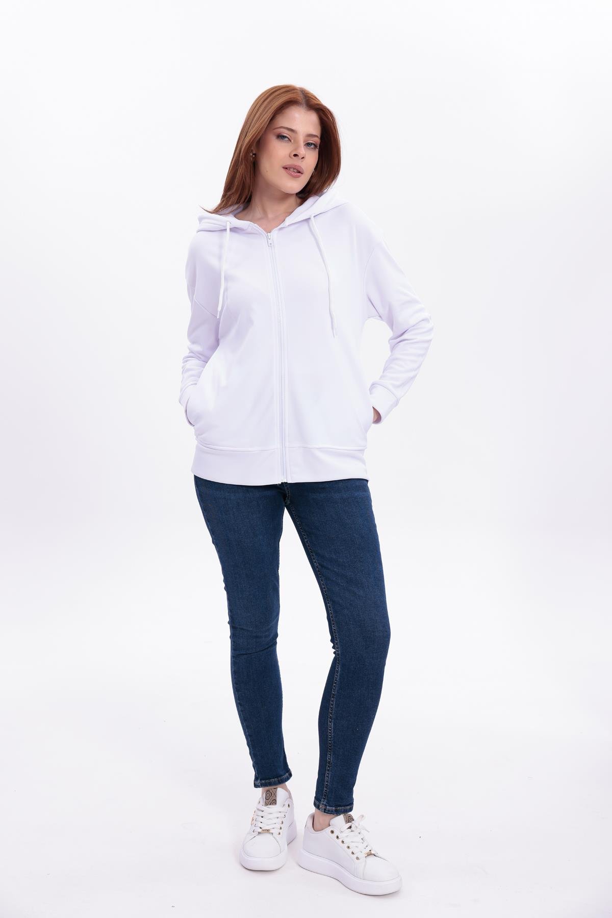 FİHA/5033-AKAT FERMUARLI KAPŞONLU SWEAT - BEYAZ