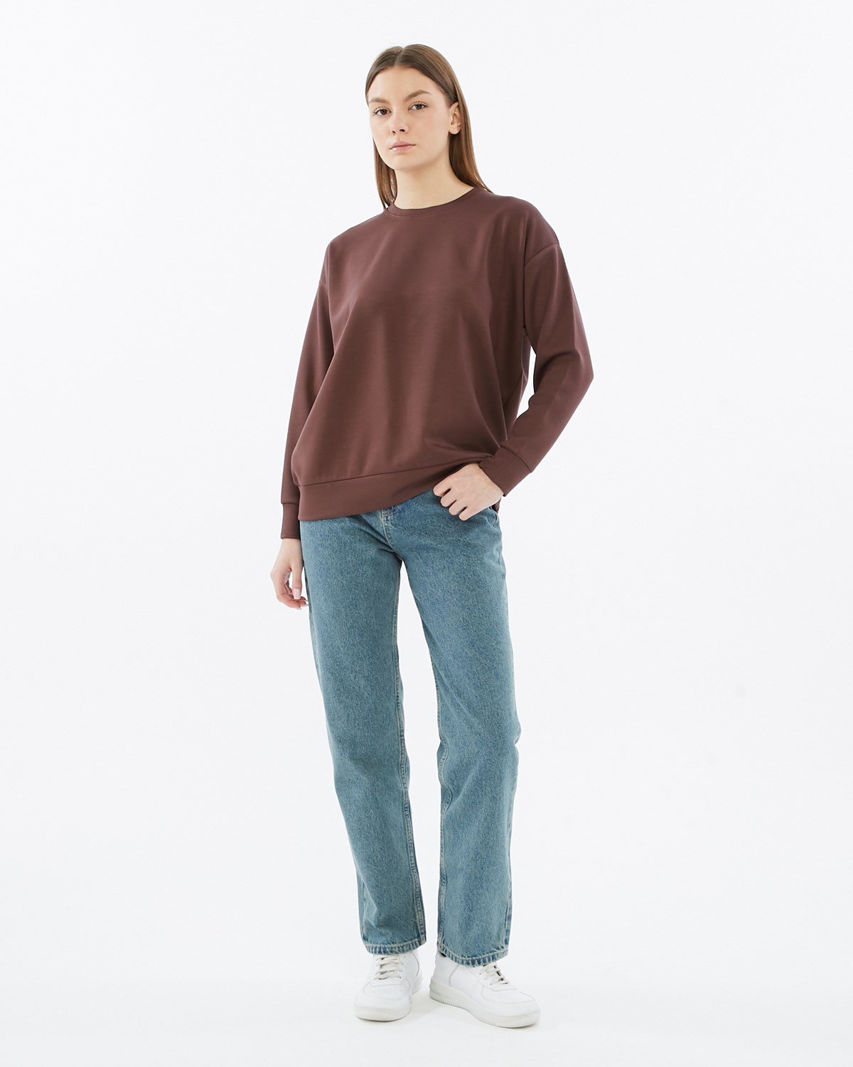 FİHA/5039-VİSKON LİKRALI DOUBLEFACE SIFIR YAKA SWEAT - KAHVE