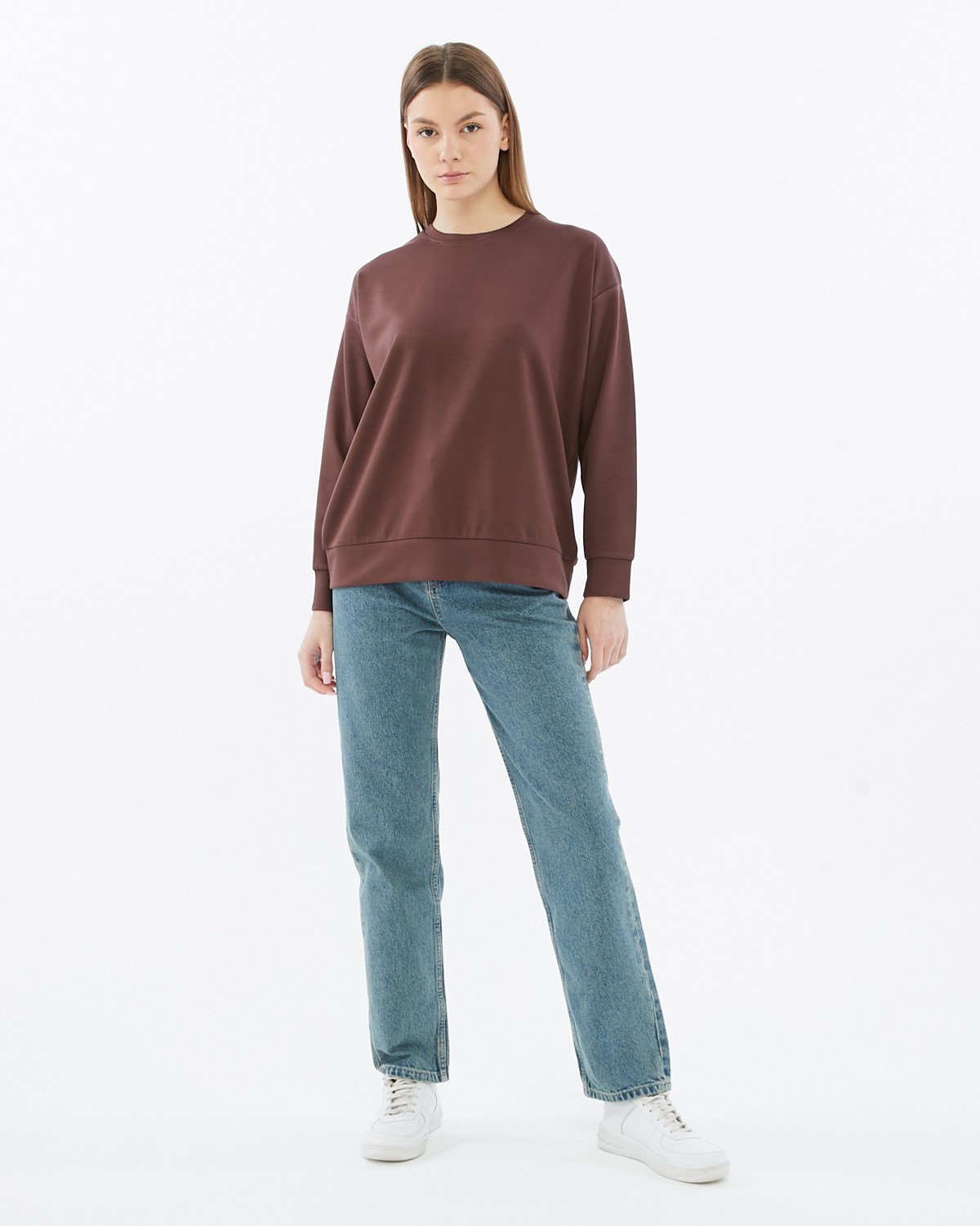 FİHA/5039-VİSKON LİKRALI DOUBLEFACE SIFIR YAKA SWEAT - KAHVE