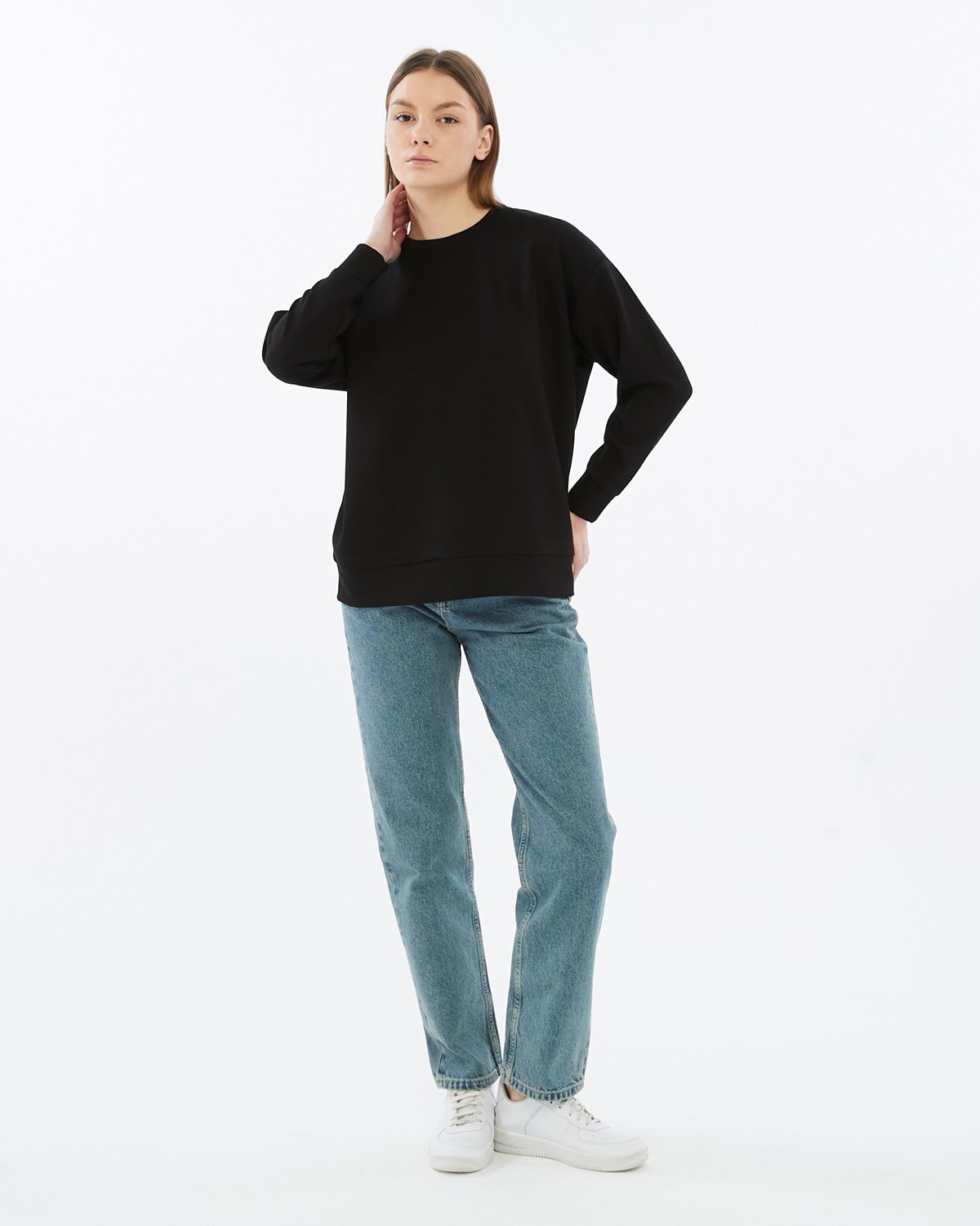 FİHA/5039-VİSKON LİKRALI DOUBLEFACE SIFIR YAKA SWEAT - SİYAH