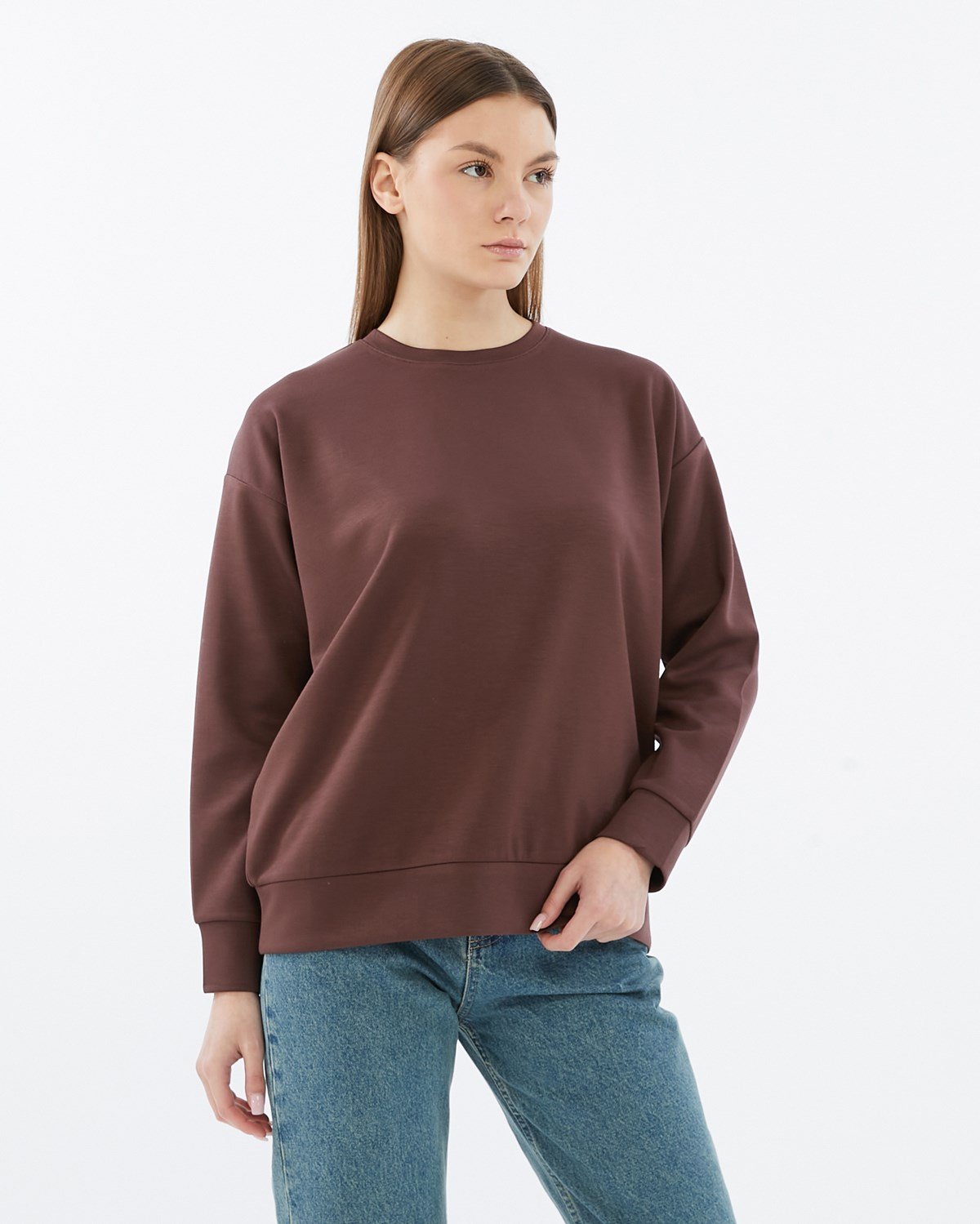 FİHA/5039-VİSKON LİKRALI DOUBLEFACE SIFIR YAKA SWEAT - KAHVE