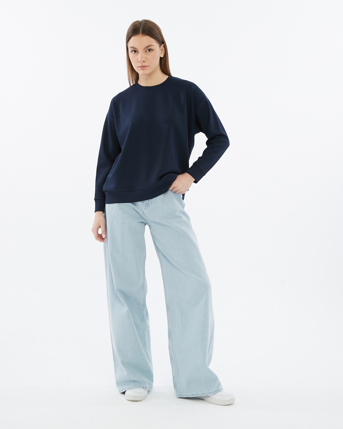FİHA/5039-VİSKON LİKRALI DOUBLEFACE SIFIR YAKA SWEAT - LACİVERT