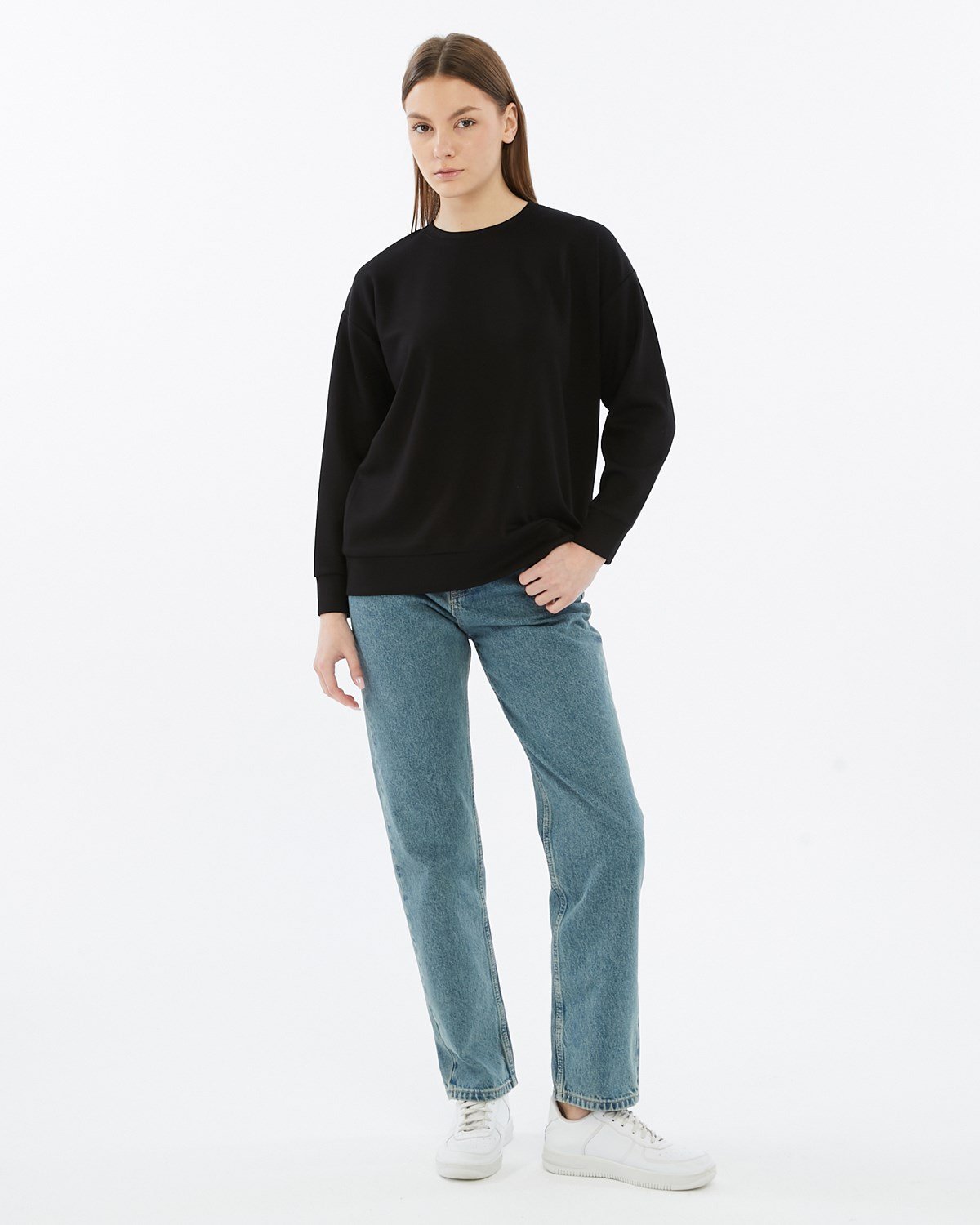FİHA/5039-VİSKON LİKRALI DOUBLEFACE SIFIR YAKA SWEAT - SİYAH