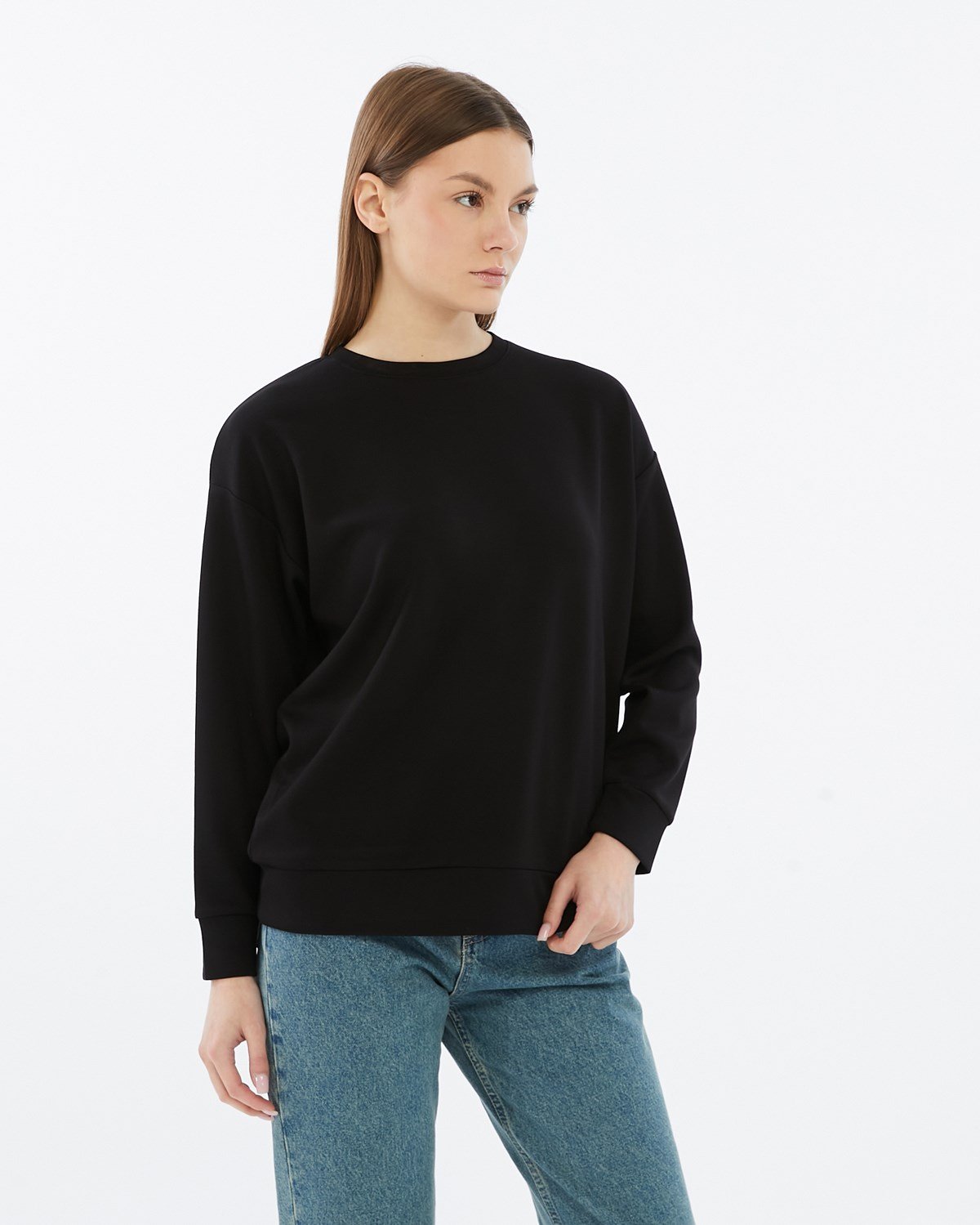 FİHA/5039-VİSKON LİKRALI DOUBLEFACE SIFIR YAKA SWEAT - SİYAH
