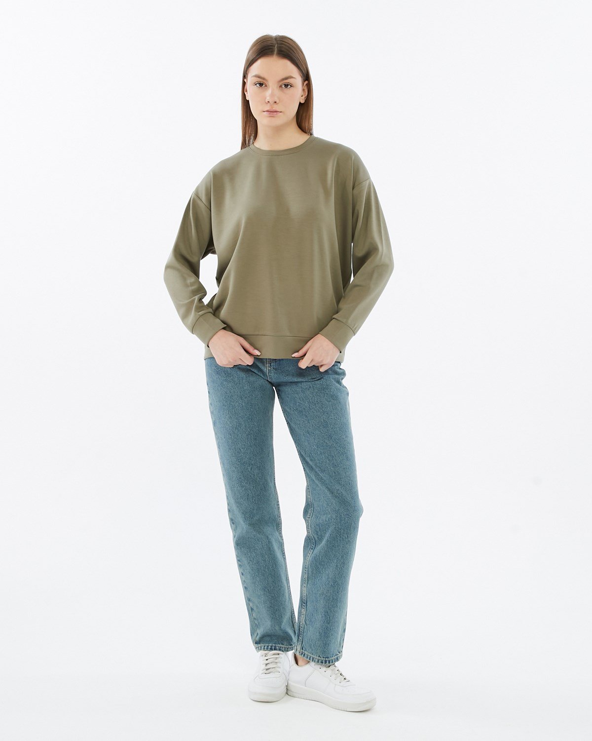 FİHA/5039-VİSKON LİKRALI DOUBLEFACE SIFIR YAKA SWEAT - YEŞİL
