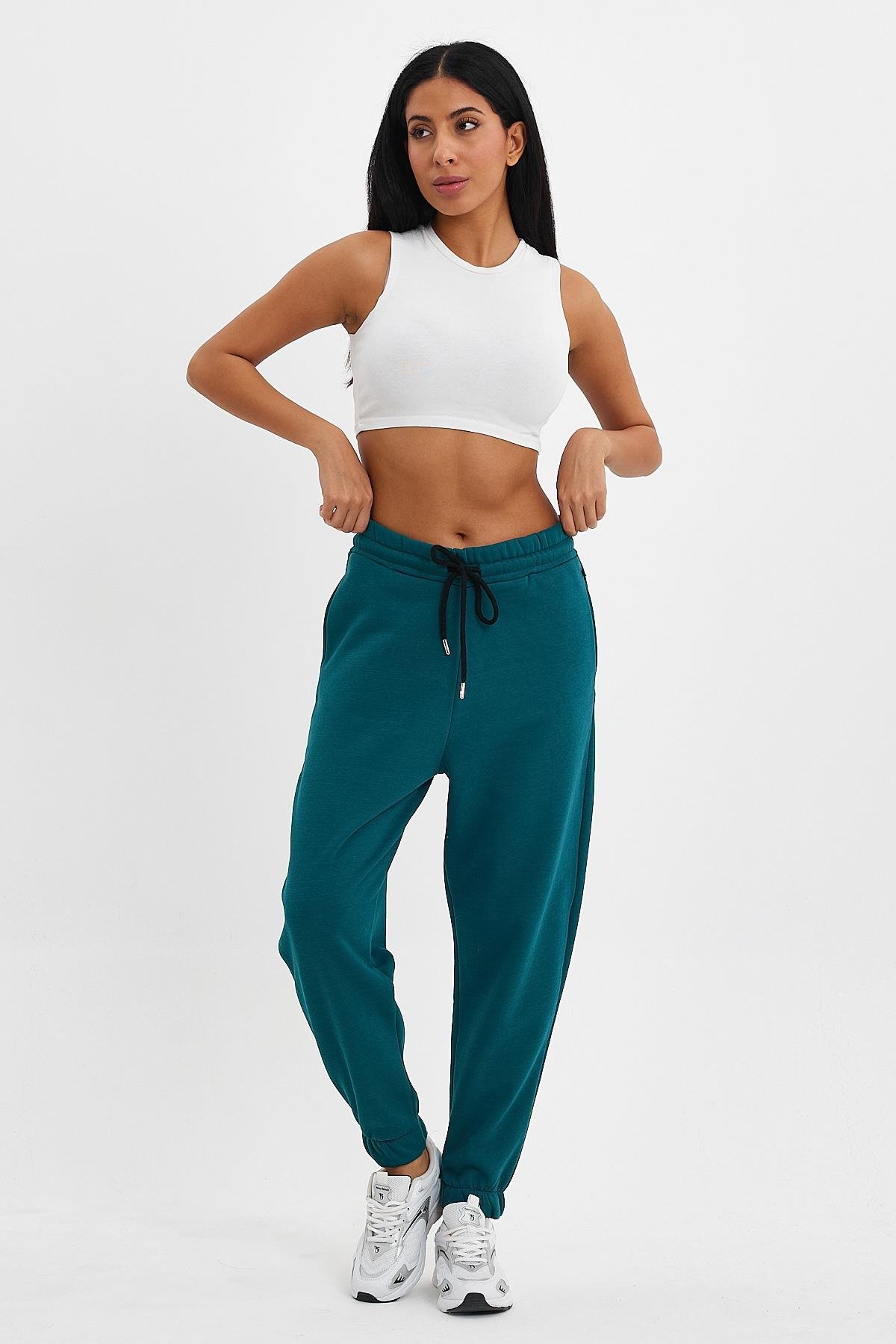 FİHA/5506-KADIN OVERSIZE PAÇA LASTİKLİ EŞOFMAN ALT - KOYU YEŞİL