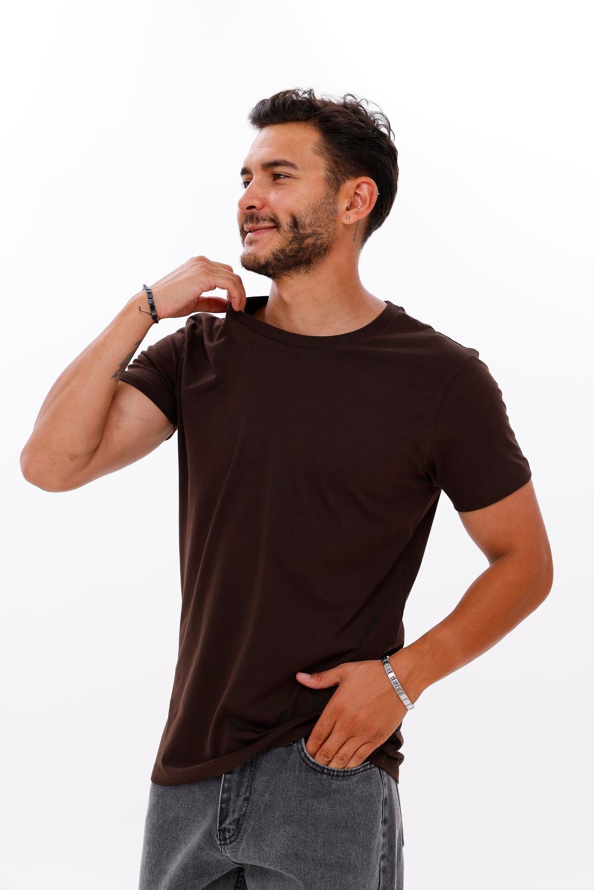 FİHA/7010-ERKEK COMPACT PENYE SIFIR YAKA T-SHIRT - KAHVE