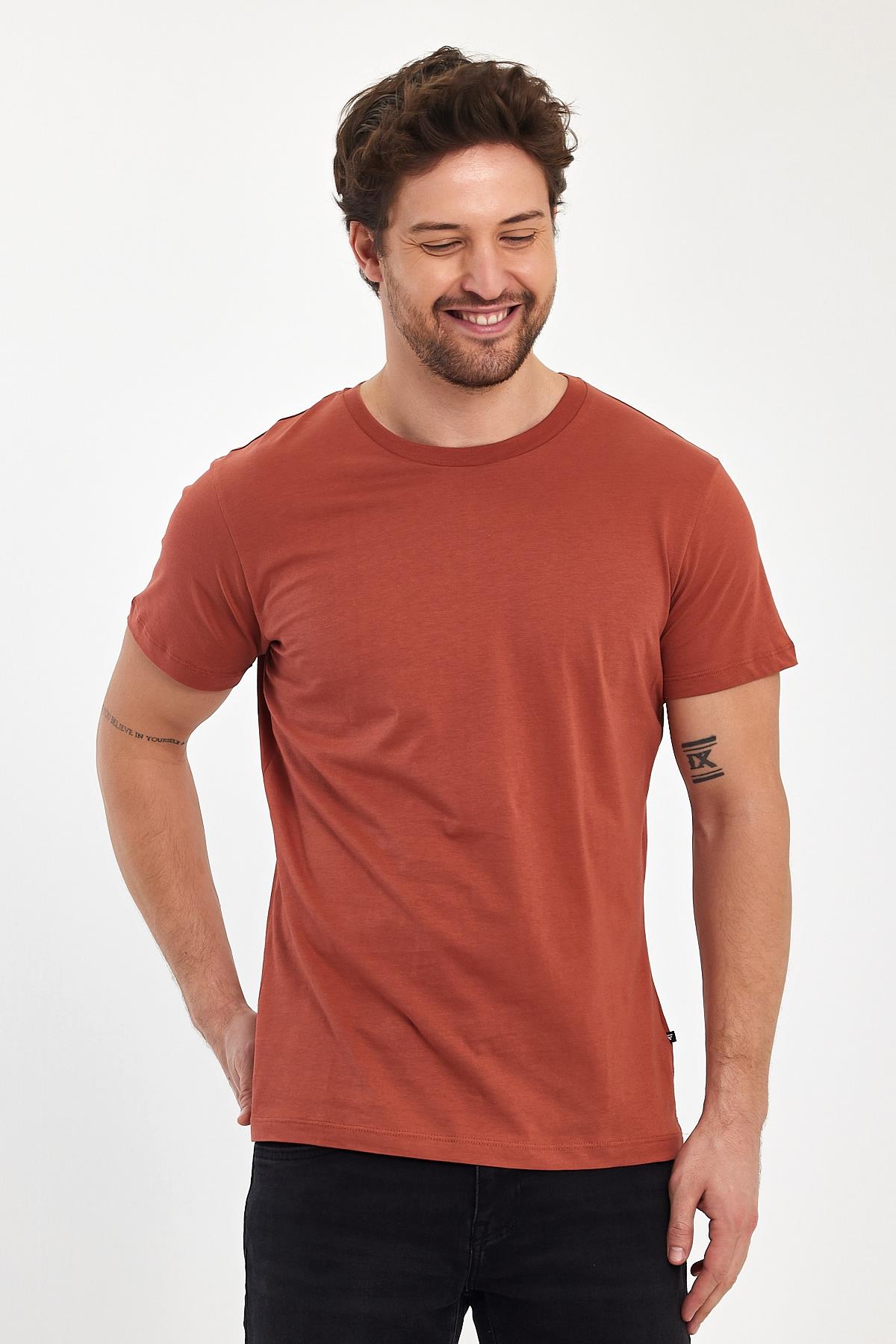 FİHA/7010-ERKEK COMPACT PENYE SIFIR YAKA T-SHIRT - COPPER BROWN