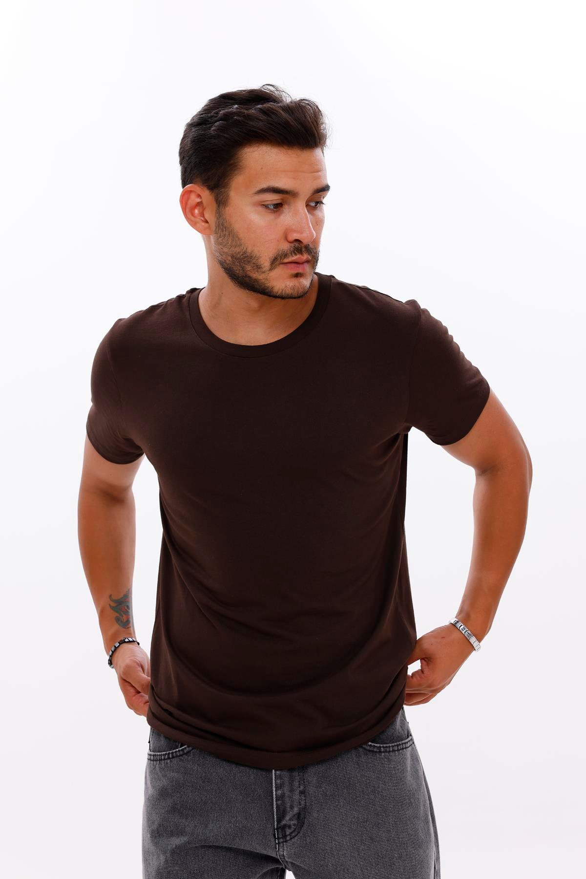 FİHA/7010-ERKEK COMPACT PENYE SIFIR YAKA T-SHIRT - KAHVE