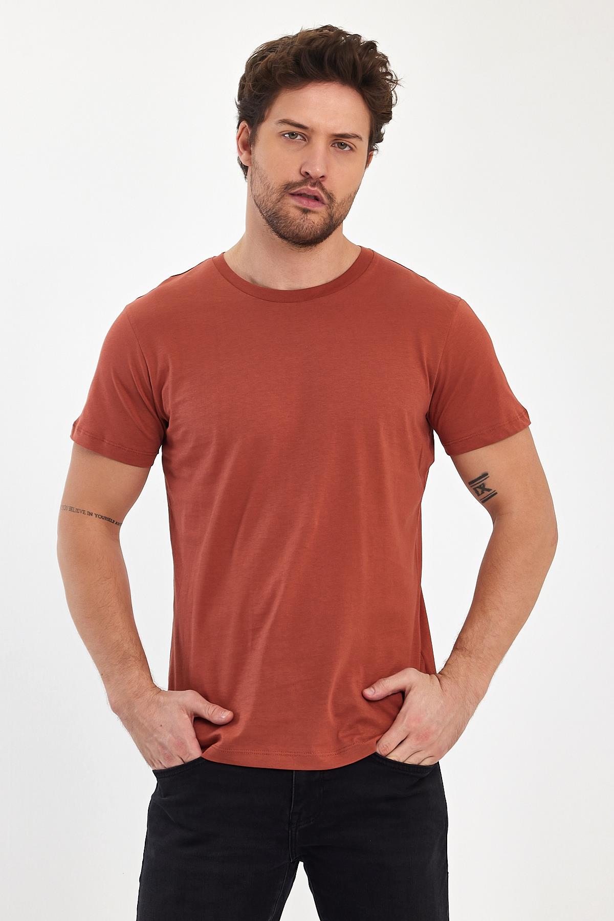 FİHA/7010-ERKEK COMPACT PENYE SIFIR YAKA T-SHIRT - COPPER BROWN