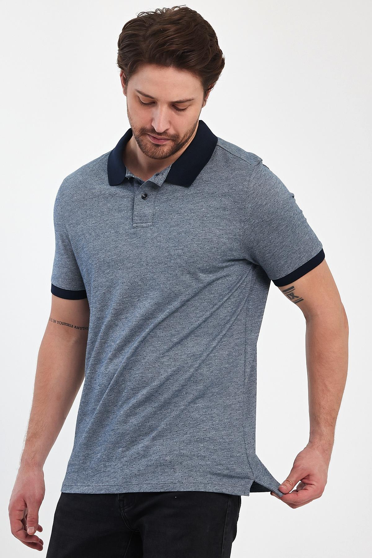 FİHA/7019-ERKEK NOKTA DESENLİ JAKARLI POLO YAKA - LACİVERT