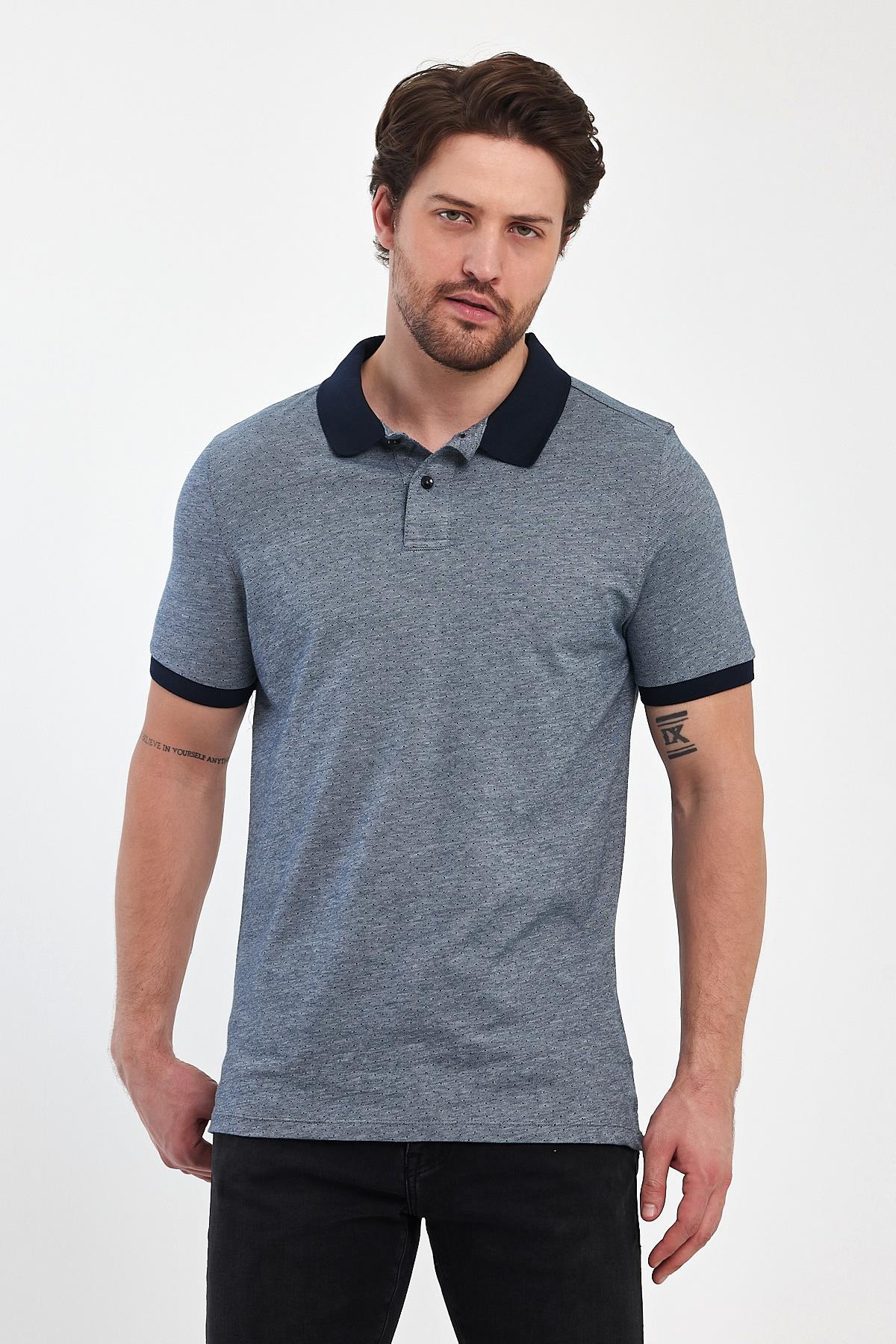 FİHA/7019-ERKEK NOKTA DESENLİ JAKARLI POLO YAKA - LACİVERT