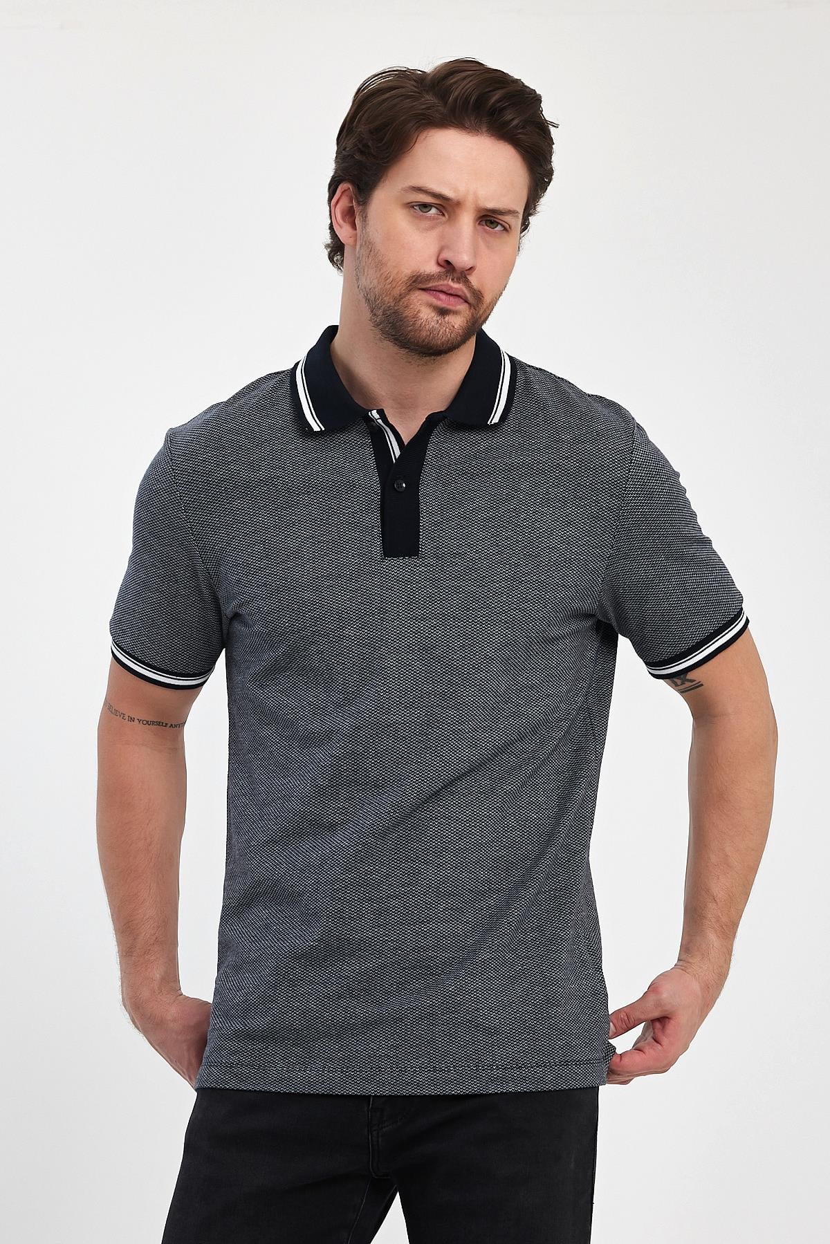 FİHA/7030-ERKEK PİKE JAKARLI POLO YAKA - LACİVERT