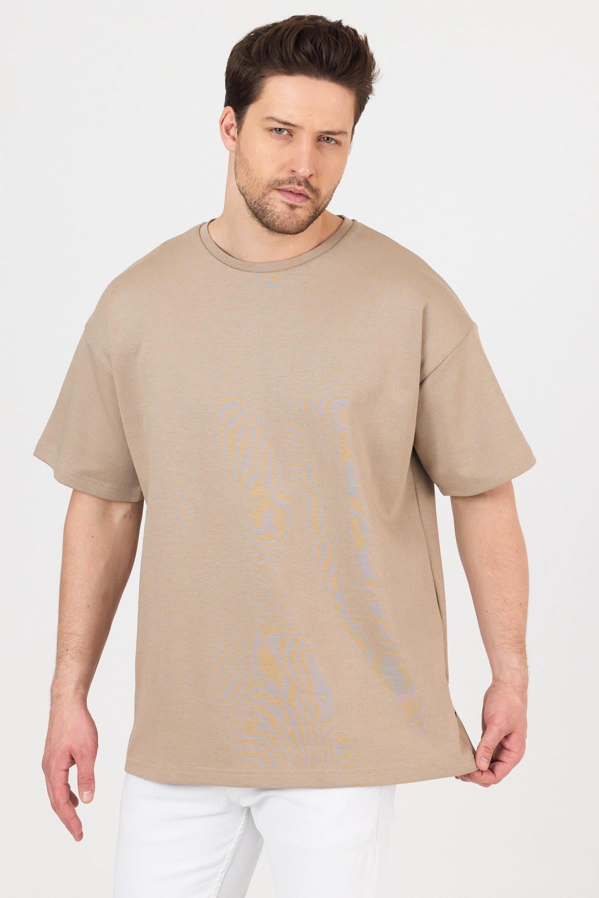 FİHA/7031-ERKEK DOUBLEFACE İNTERLOK OVERSIZE TSHIRT - TAŞ