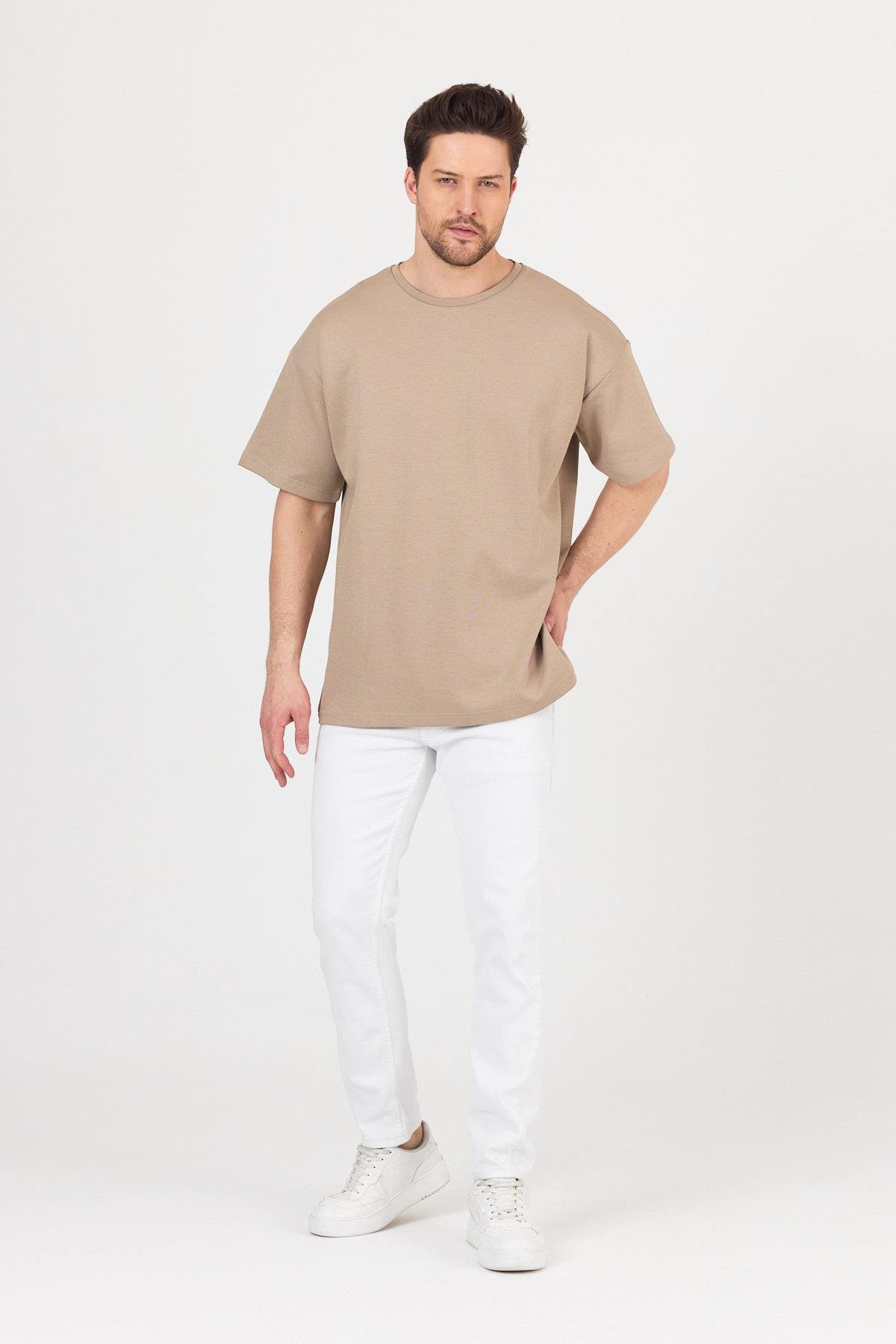 FİHA/7031-ERKEK DOUBLEFACE İNTERLOK OVERSIZE TSHIRT - TAŞ