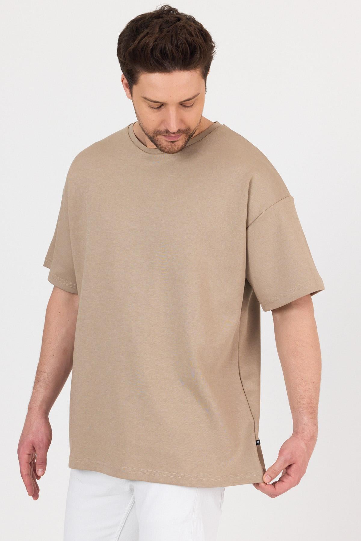 FİHA/7031-ERKEK DOUBLEFACE İNTERLOK OVERSIZE TSHIRT - TAŞ
