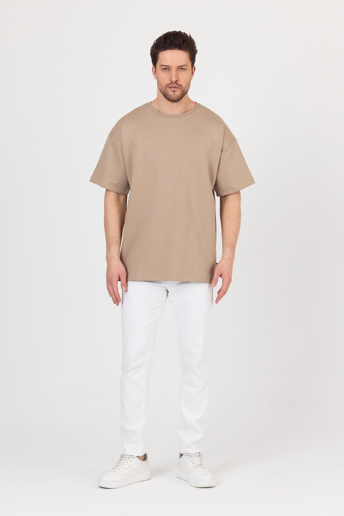 FİHA/7031-ERKEK DOUBLEFACE İNTERLOK OVERSIZE TSHIRT - TAŞ