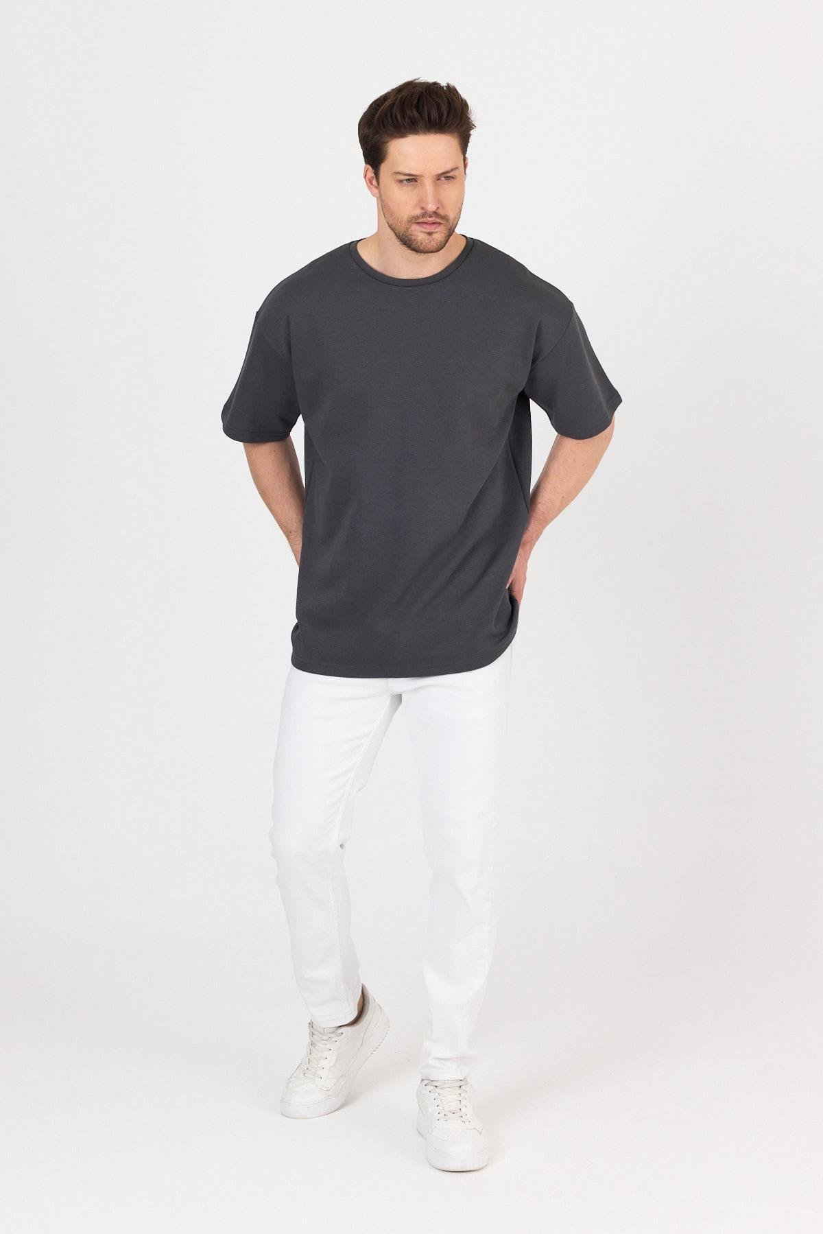 FİHA/7031-ERKEK DOUBLEFACE İNTERLOK OVERSIZE TSHIRT - FÜME