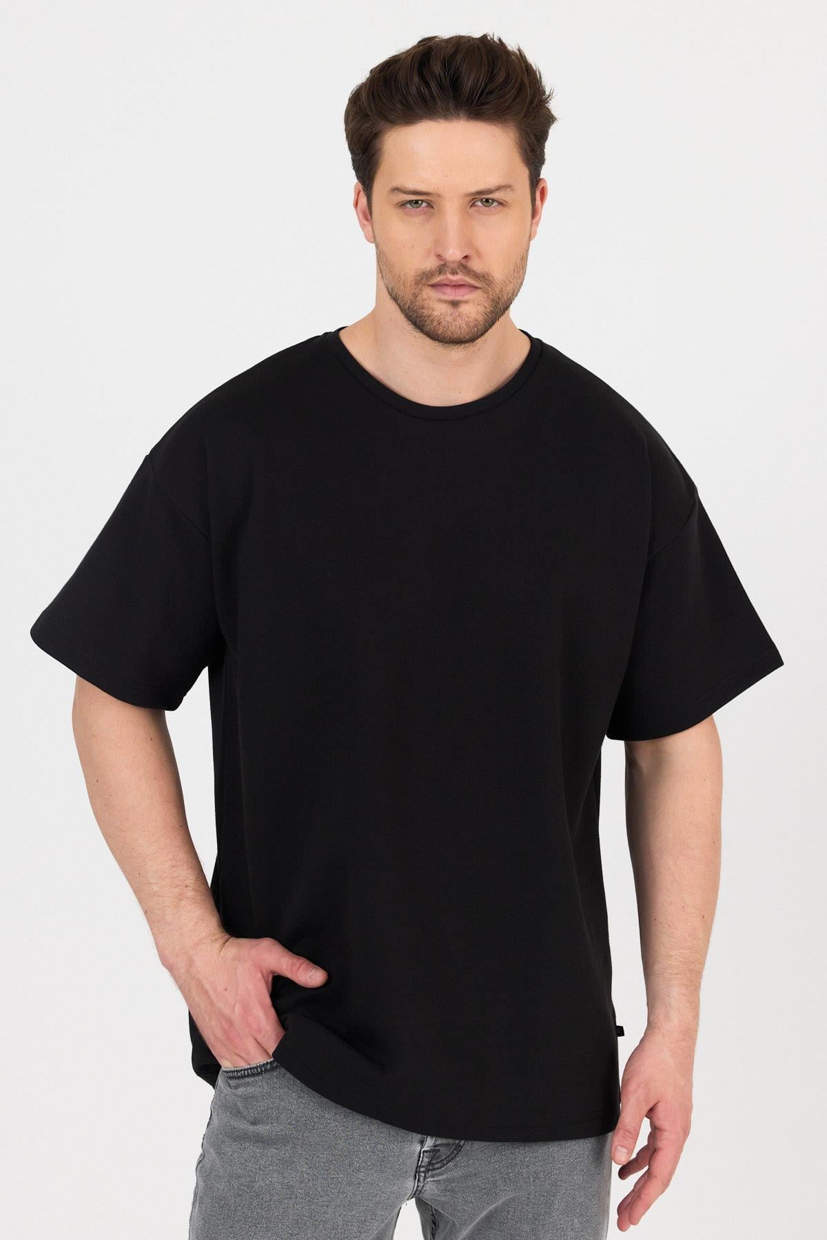 FİHA/7031-ERKEK DOUBLEFACE İNTERLOK OVERSIZE TSHIRT - SİYAH