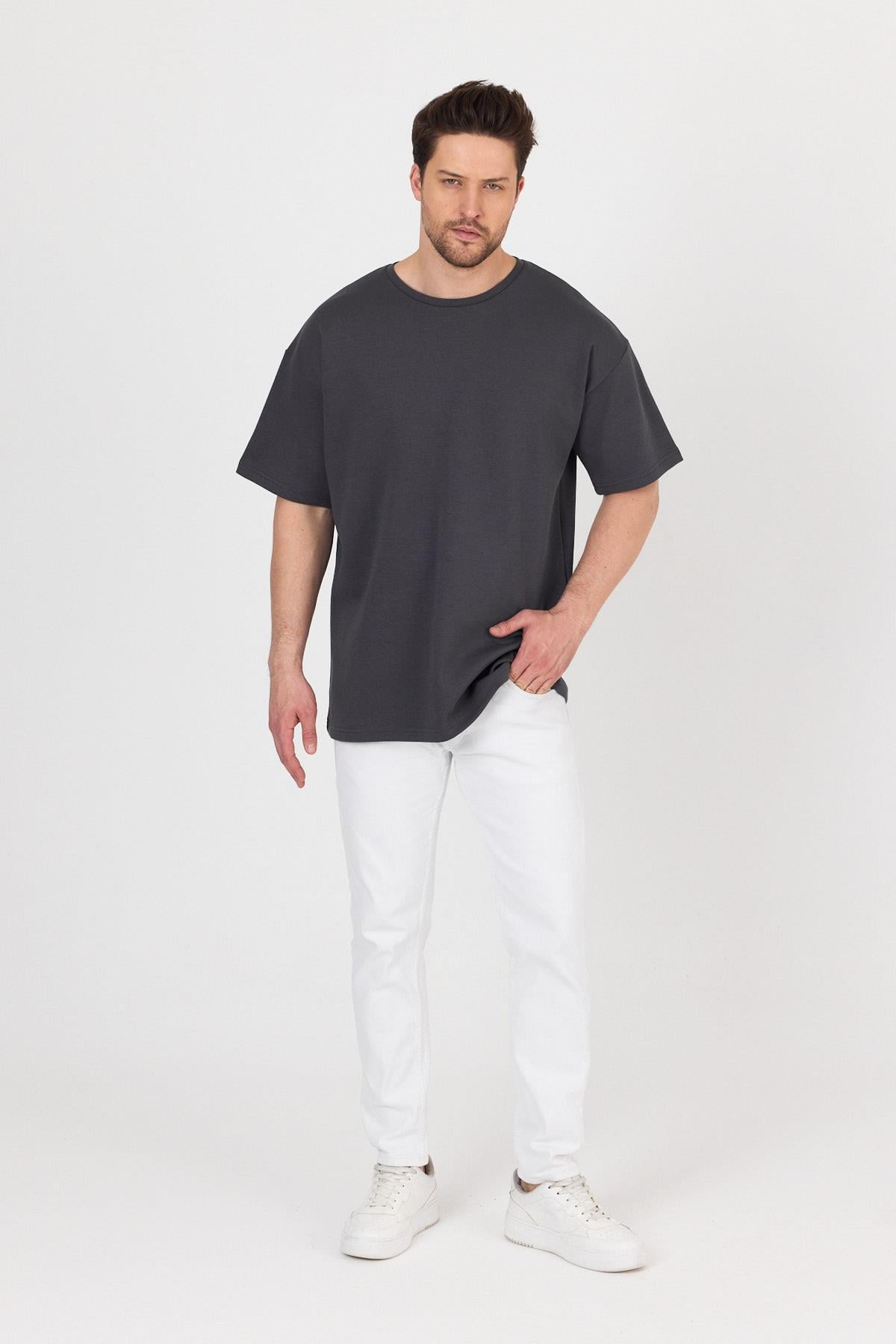 FİHA/7031-ERKEK DOUBLEFACE İNTERLOK OVERSIZE TSHIRT - FÜME