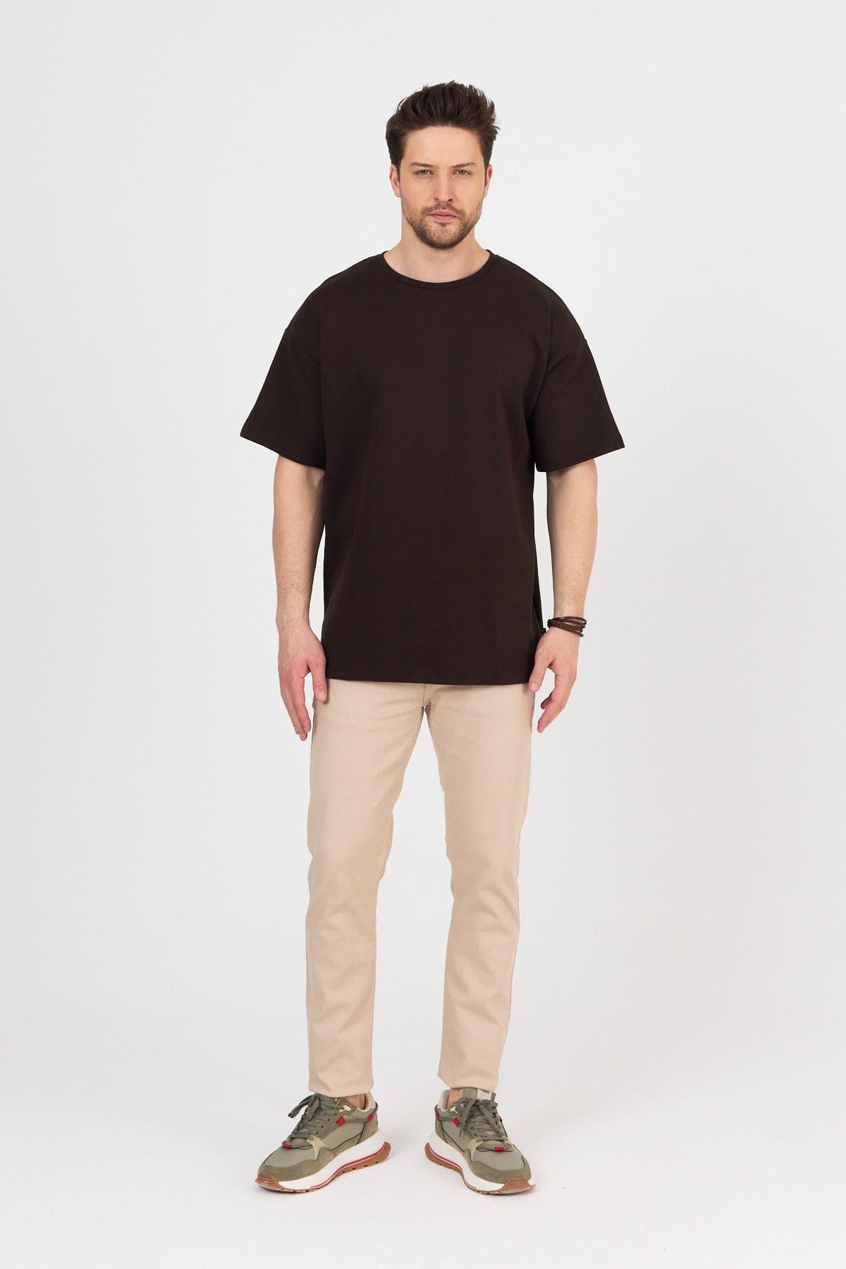FİHA/7031-ERKEK DOUBLEFACE İNTERLOK OVERSIZE TSHIRT - KAHVE