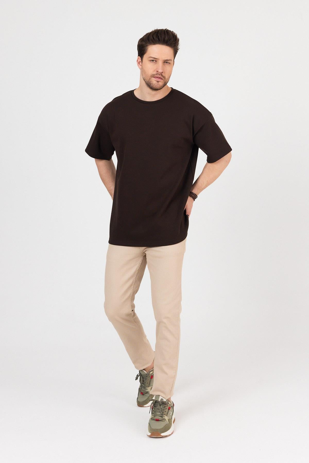 FİHA/7031-ERKEK DOUBLEFACE İNTERLOK OVERSIZE TSHIRT - KAHVE