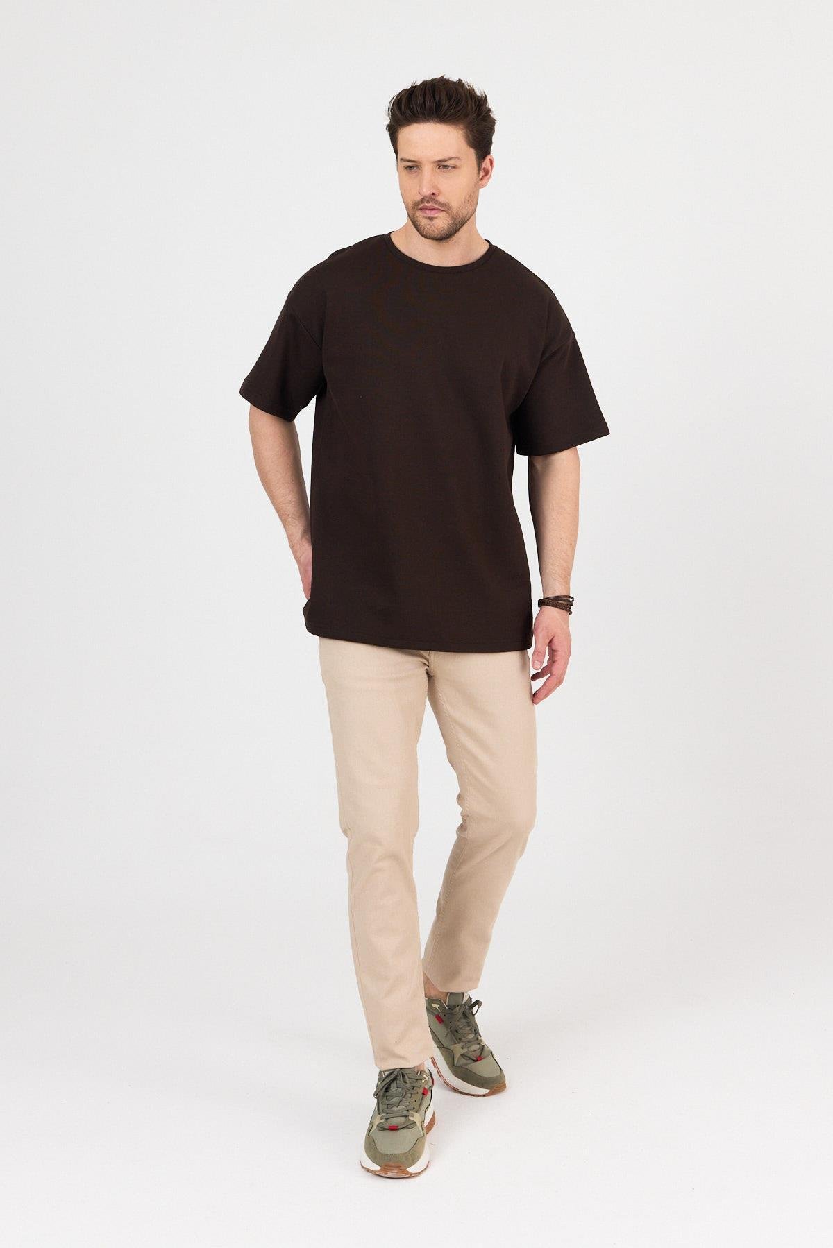 FİHA/7031-ERKEK DOUBLEFACE İNTERLOK OVERSIZE TSHIRT - KAHVE