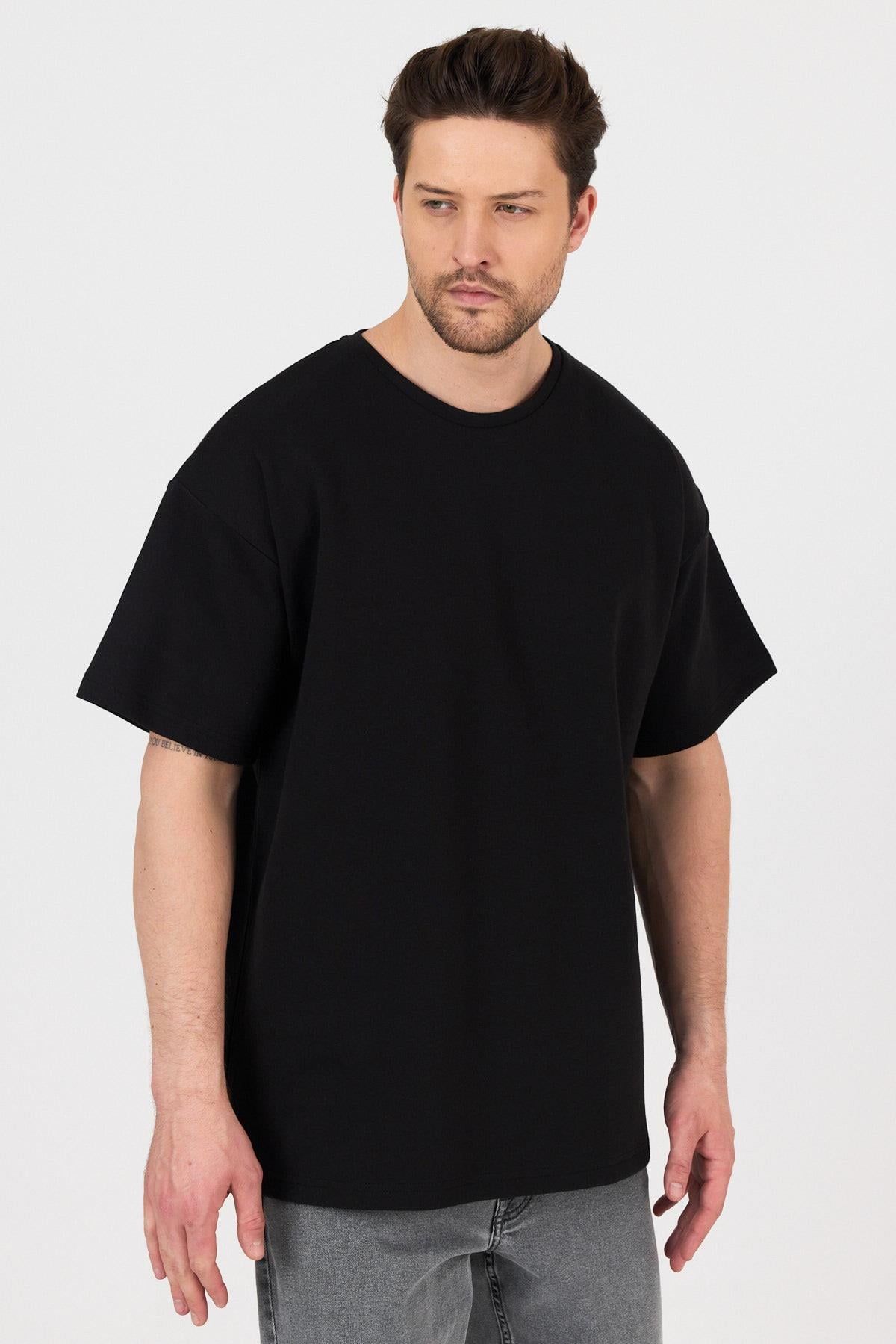 FİHA/7031-ERKEK DOUBLEFACE İNTERLOK OVERSIZE TSHIRT - SİYAH