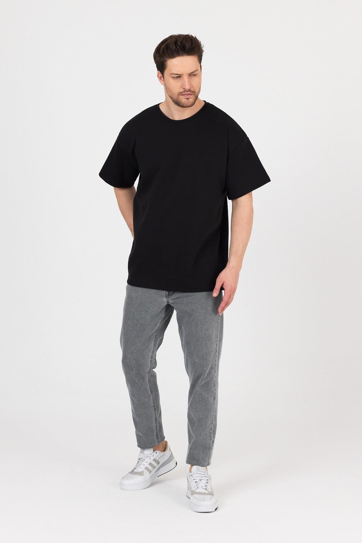 FİHA/7031-ERKEK DOUBLEFACE İNTERLOK OVERSIZE TSHIRT - SİYAH
