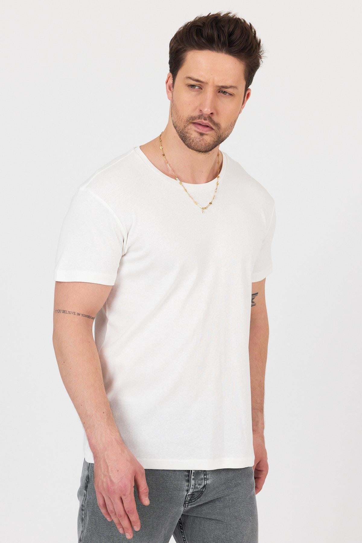FİHA/7032-UNISEX RİBANA COMPACT PENYE SIFIR YAKA TSHIRT - EKRU