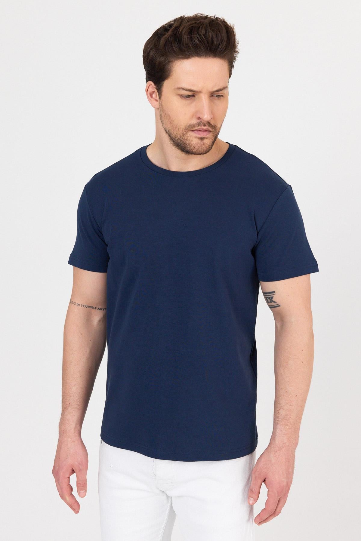 FİHA/7032-UNISEX RİBANA COMPACT PENYE SIFIR YAKA TSHIRT - LACİVERT