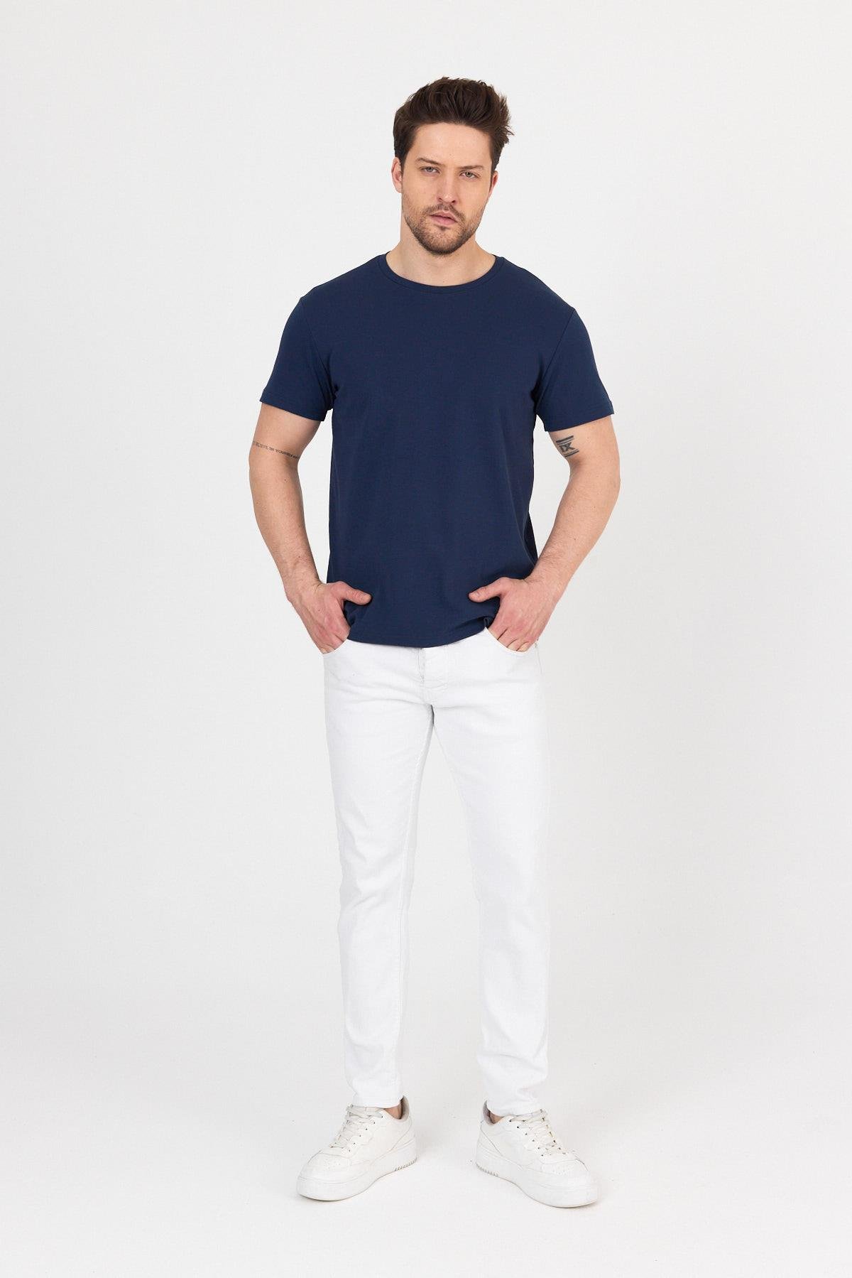 FİHA/7032-UNISEX RİBANA COMPACT PENYE SIFIR YAKA TSHIRT - LACİVERT