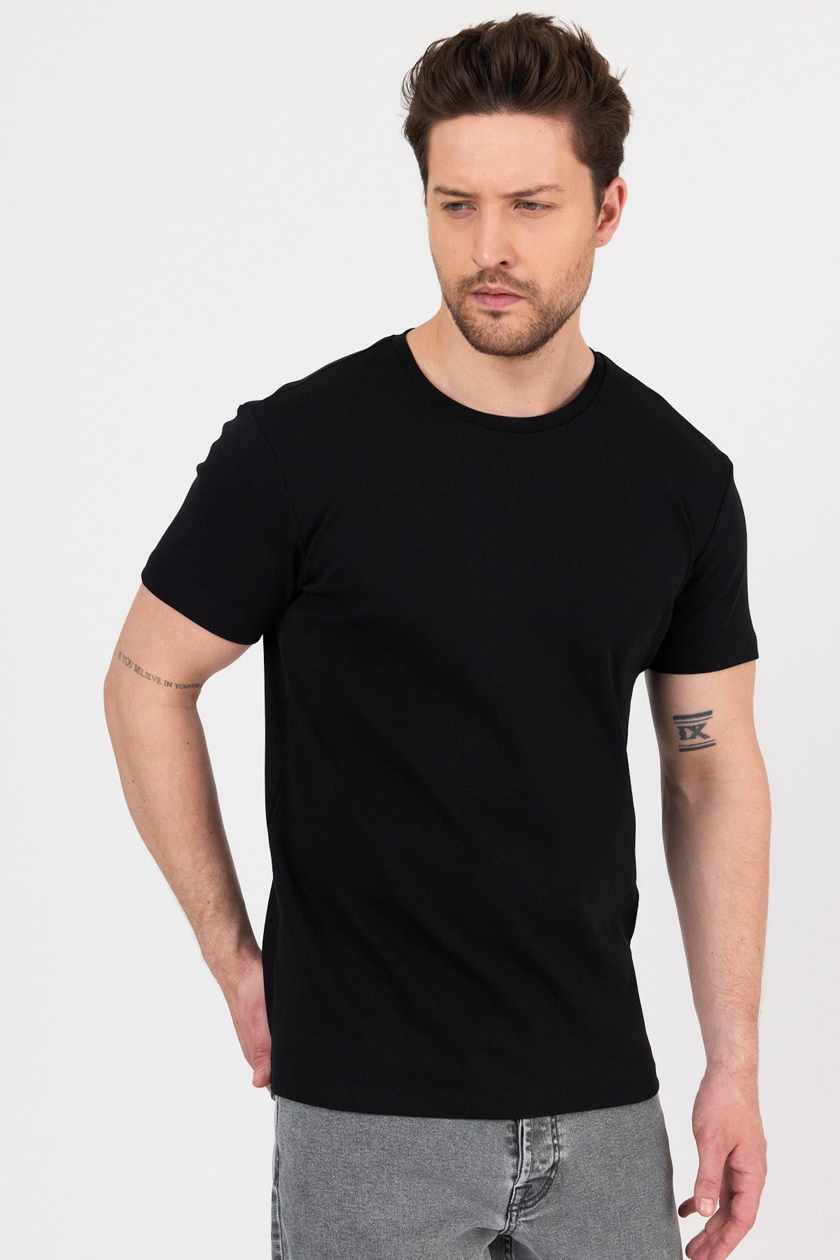 FİHA/7032-UNISEX RİBANA COMPACT PENYE SIFIR YAKA TSHIRT - SİYAH