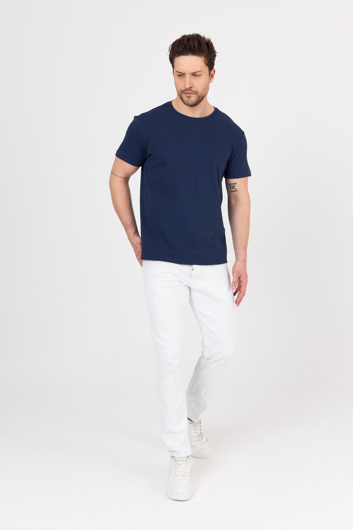 FİHA/7032-UNISEX RİBANA COMPACT PENYE SIFIR YAKA TSHIRT - LACİVERT