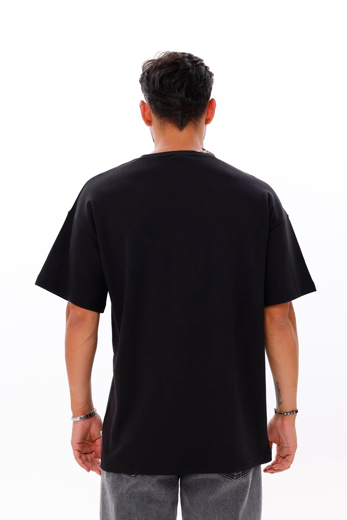 FİHA/7033-ERKEK OVERSIZE DOUBLEFACE CEPLİ TSHIRT - SİYAH