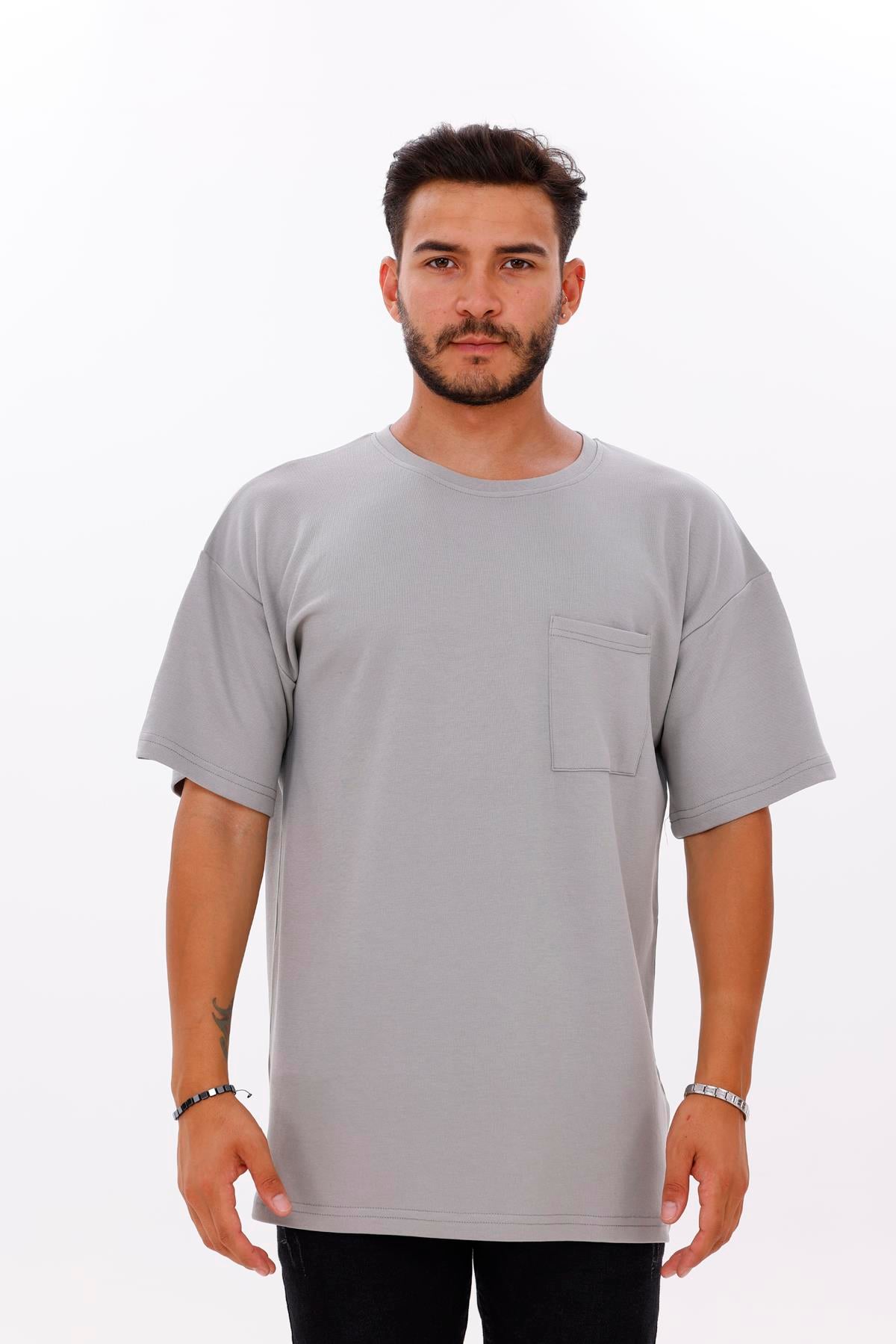 FİHA/7033-ERKEK OVERSIZE DOUBLEFACE CEPLİ TSHIRT - ULTİMATE GRAY