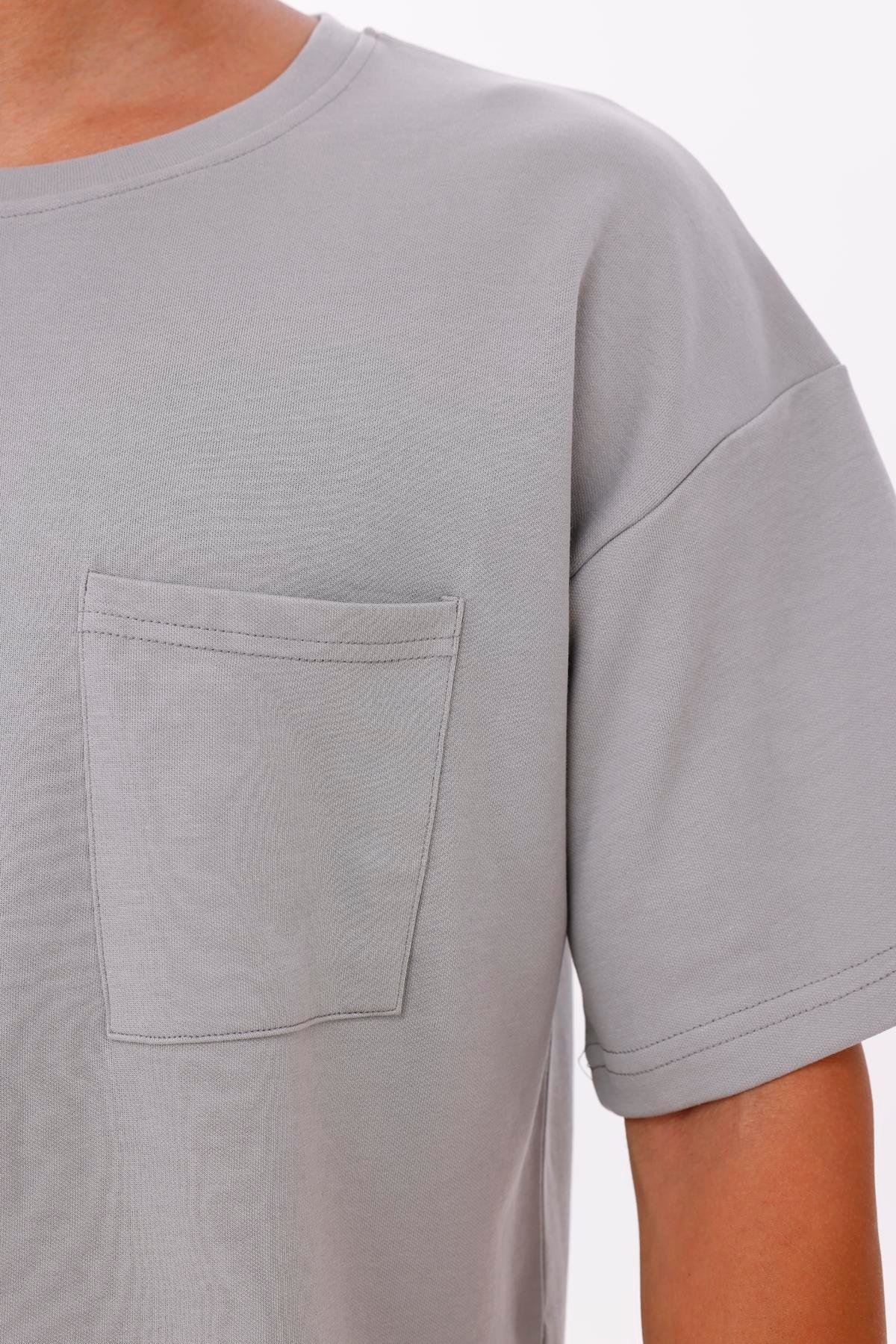 FİHA/7033-ERKEK OVERSIZE DOUBLEFACE CEPLİ TSHIRT - ULTİMATE GRAY