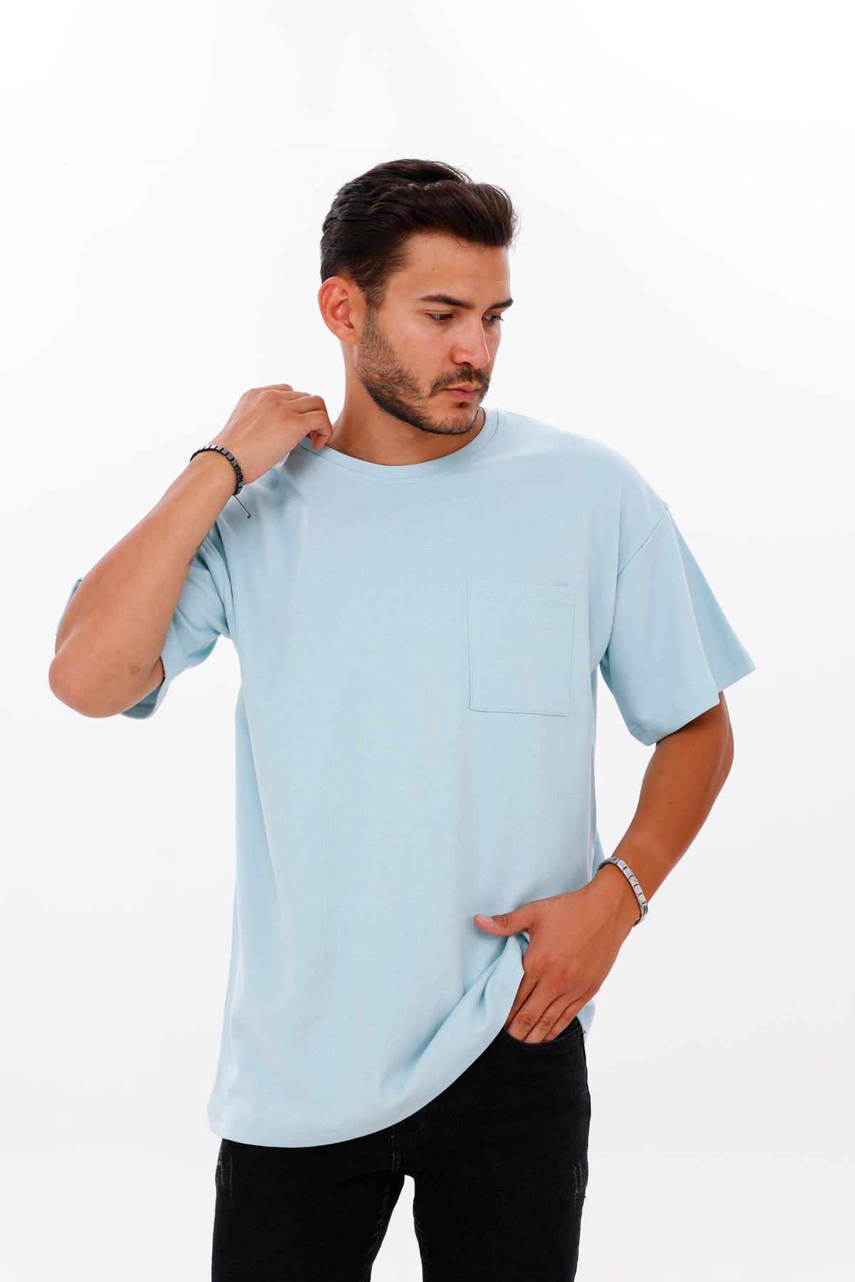 FİHA/7033-ERKEK OVERSIZE DOUBLEFACE CEPLİ TSHIRT - AQUATİC