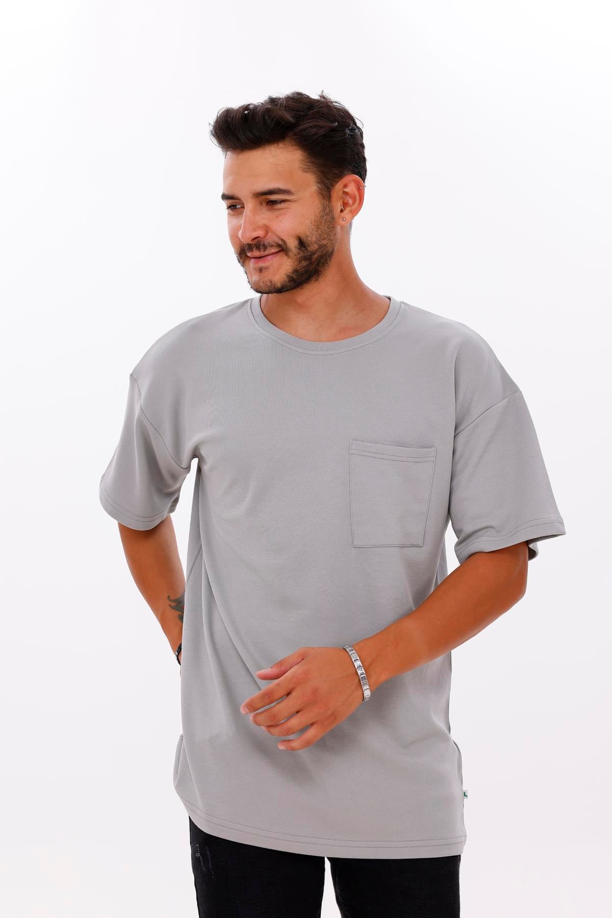 FİHA/7033-ERKEK OVERSIZE DOUBLEFACE CEPLİ TSHIRT - ULTİMATE GRAY