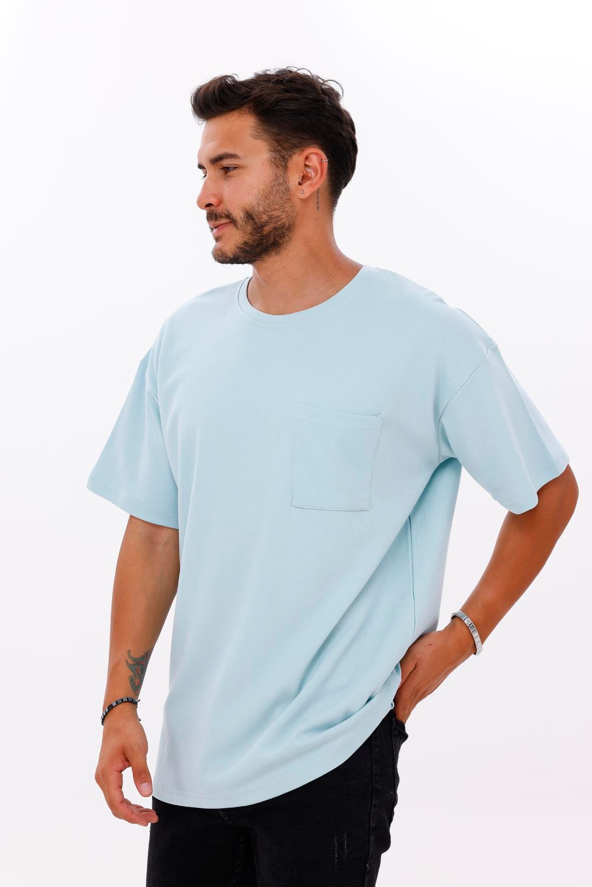 FİHA/7033-ERKEK OVERSIZE DOUBLEFACE CEPLİ TSHIRT - AQUATİC