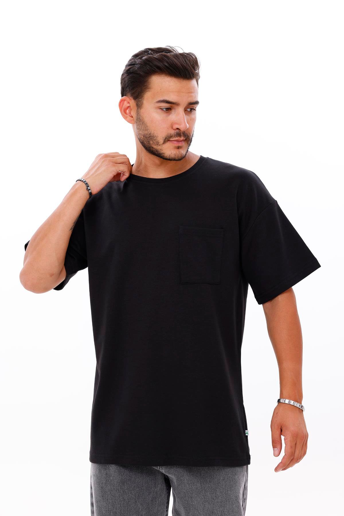 FİHA/7033-ERKEK OVERSIZE DOUBLEFACE CEPLİ TSHIRT - SİYAH