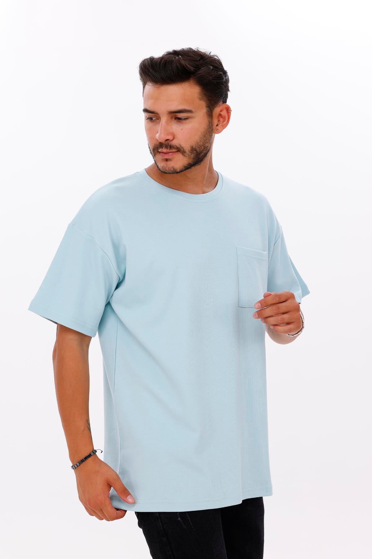 FİHA/7033-ERKEK OVERSIZE DOUBLEFACE CEPLİ TSHIRT - AQUATİC