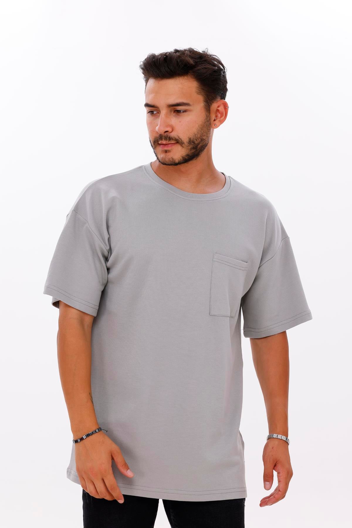 FİHA/7033-ERKEK OVERSIZE DOUBLEFACE CEPLİ TSHIRT - ULTİMATE GRAY